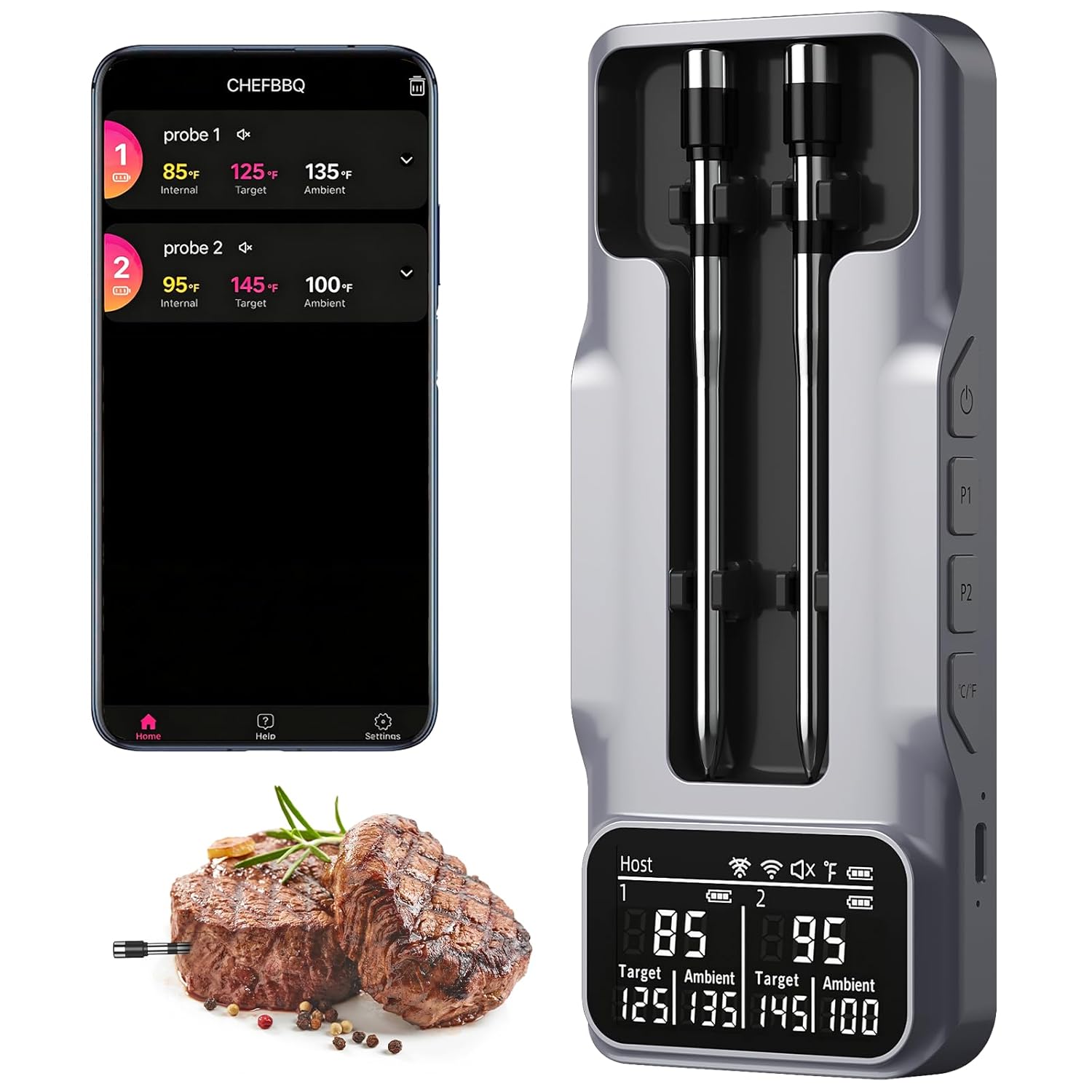 Wireless Meat Thermometer Digital – 800FT Bluetooth Food Thermometer for Cooking, NIST Certified Accuracy, Standalone Base Dual Probes for Grill BBQ Oven Smoker Wireless Meat Thermometer Digital – 800FT Bluetooth Food Thermometer for Cooking, NIST Certified Accuracy, Standalone Base Dual Probes for Grill BBQ Oven Smoker