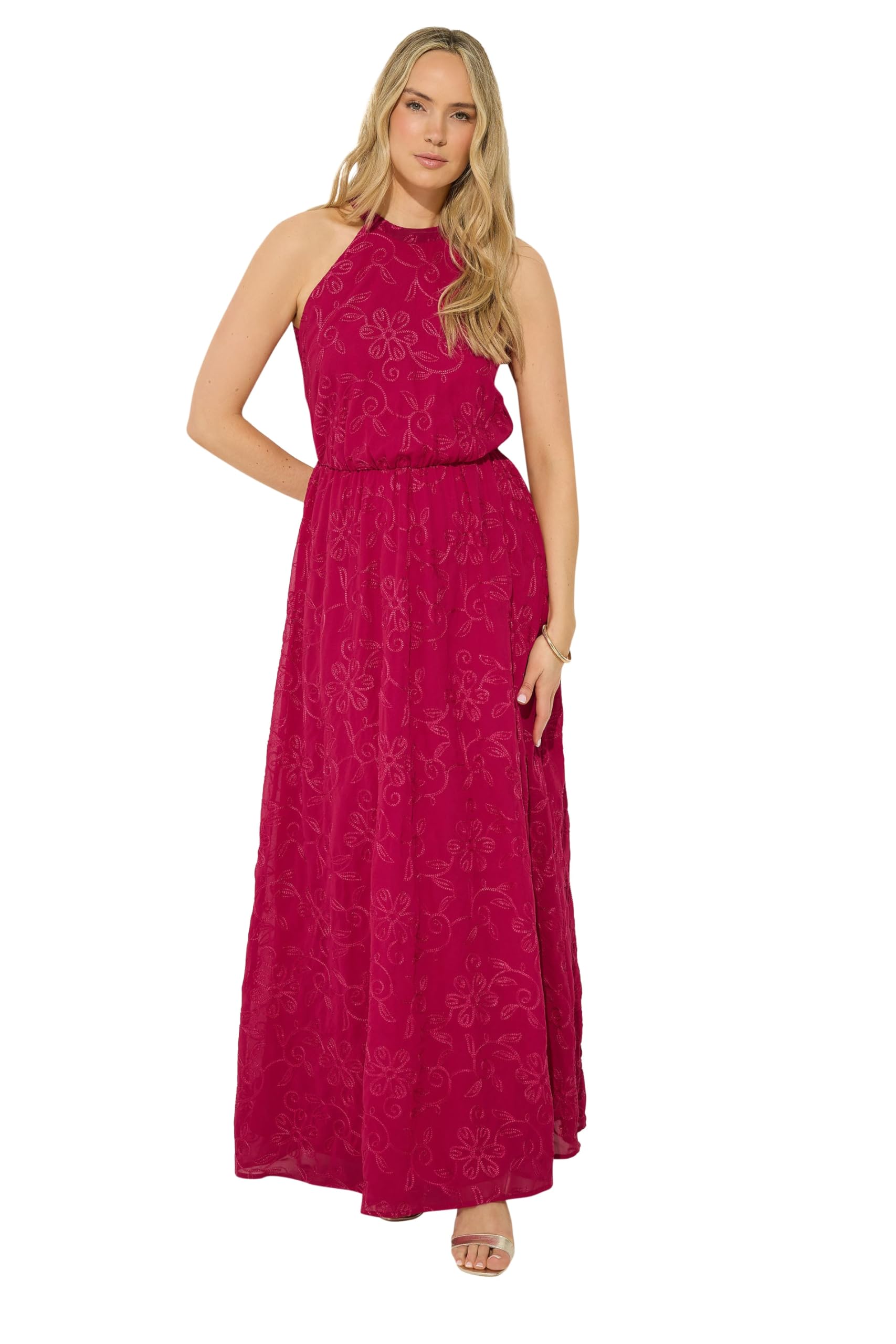 Long Tall Sally Women's Cerise Tall Embroidered Halterneck Maxi Dress In | : Size 18