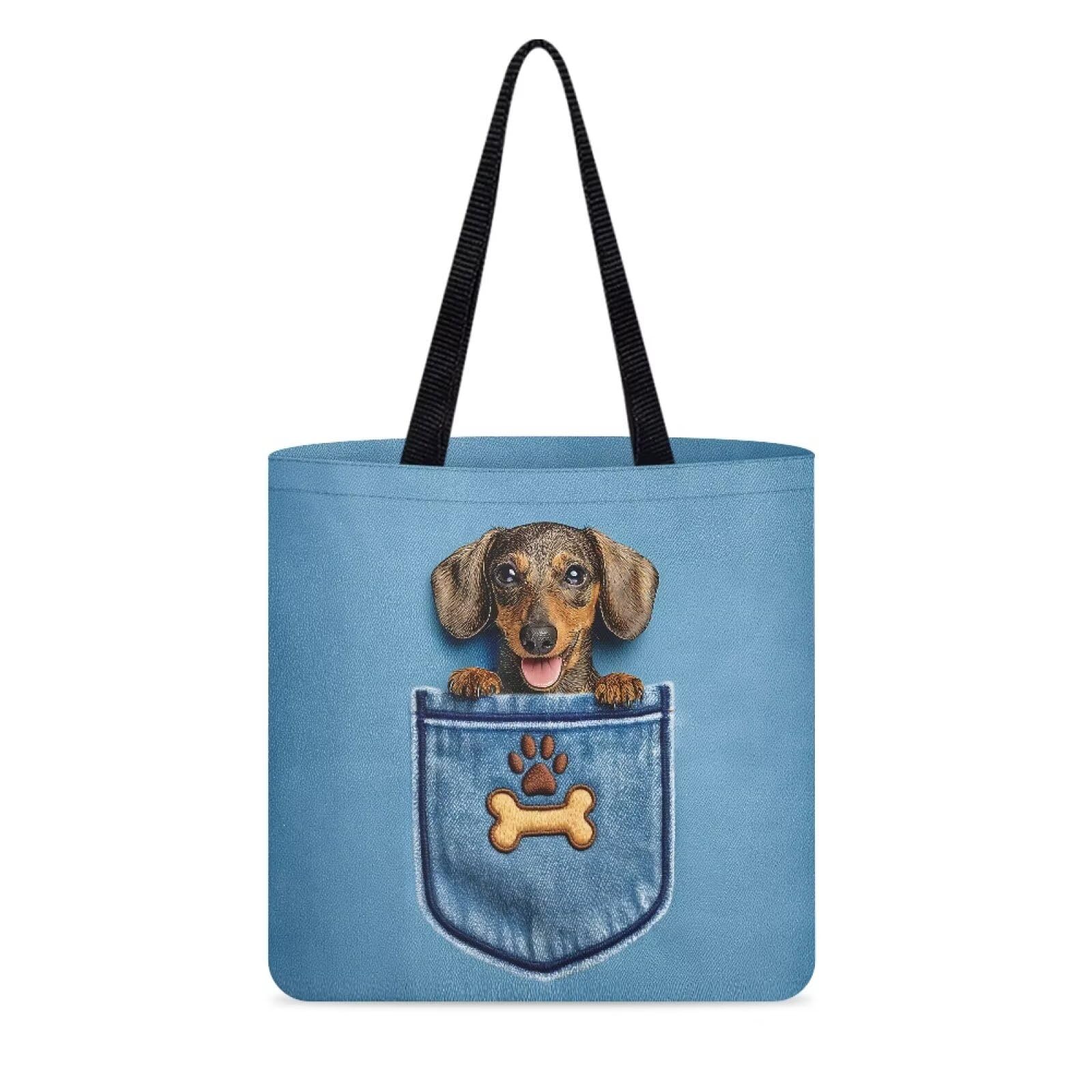 Wanyint Dachshund Paw Denim Print Canvas Tote Bag for Women Girls, Dachshund Dog Print Handbag Shopping Bag Cloth Fabric Shoulder Bag for School Work Travel Outdoor
