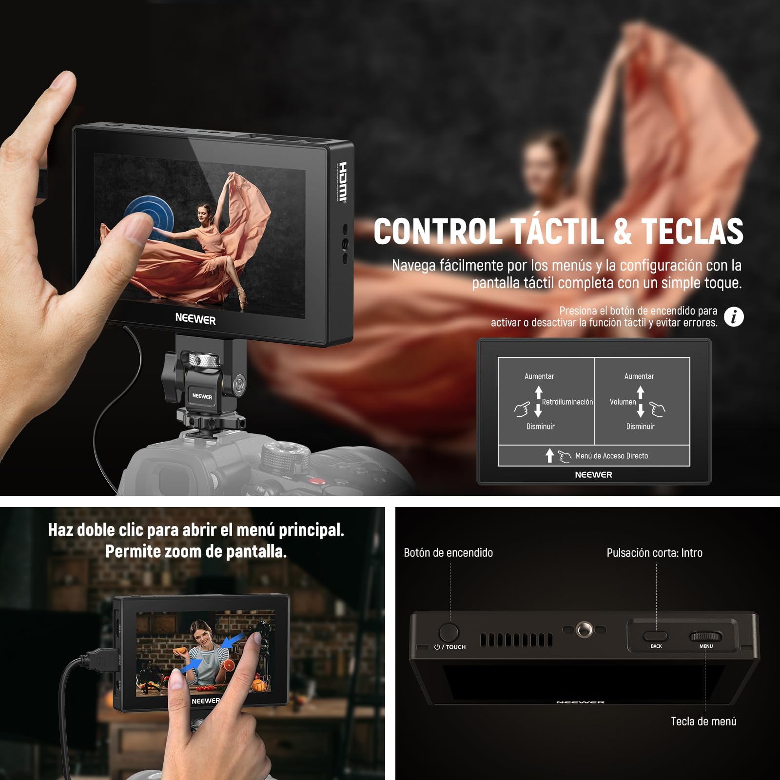 NEEWER Monitor de Campo para cámara de 5,5", 2000 nits HD 1920x1080 IPS con Pantalla táctil, 4K HDMI Loop in/out con 3D LUT, Enfoque máximo, Asistencia de vídeo DSLR, Onda de Forma HDR, batería de