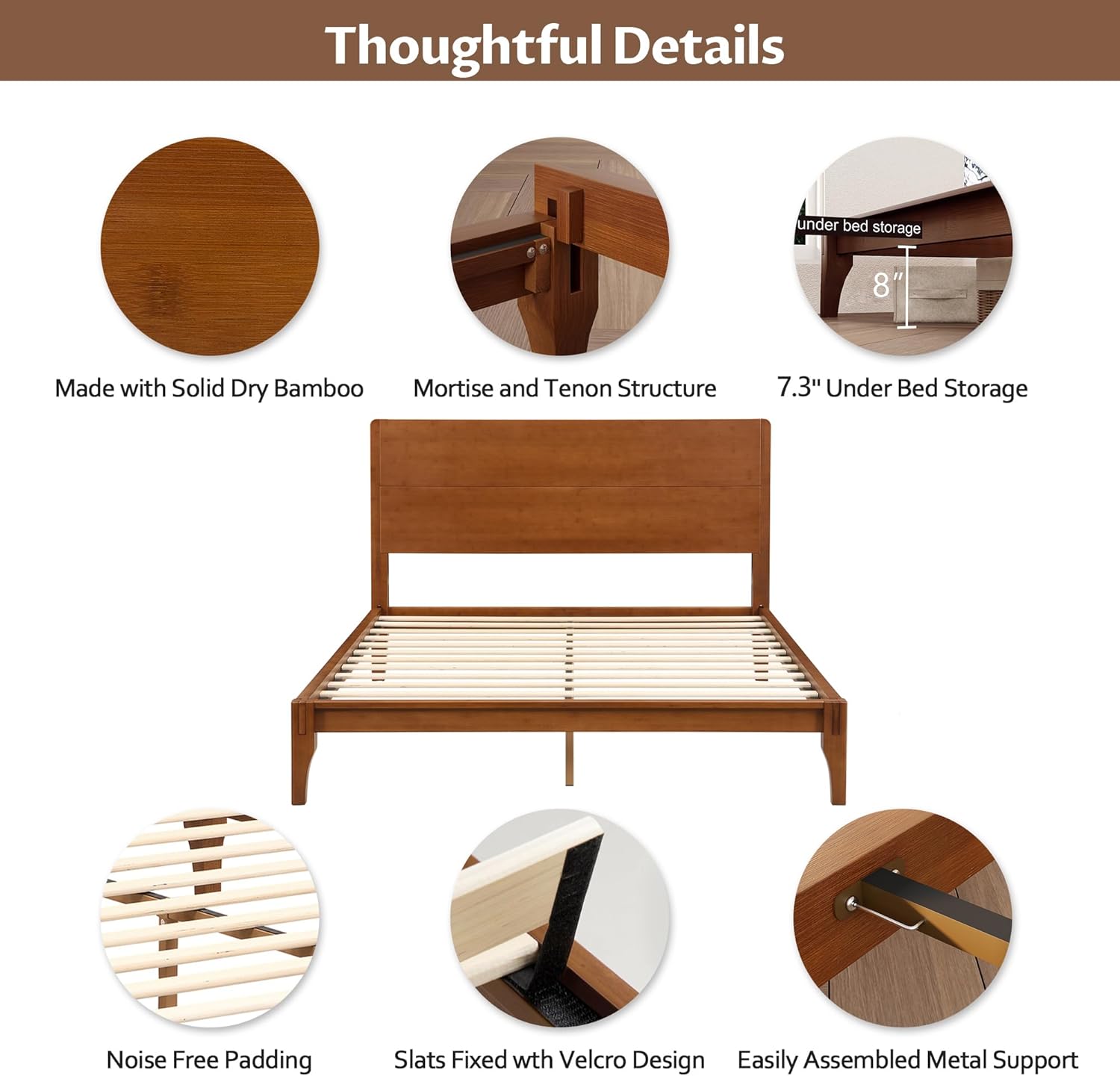 Merax Queen Size Bamboo Platform Bed, Mid-Century Modern Bed Frame with Tall Headboard, Solid Sustainable Bedframe Queen-size, Wood Slat Support, No Box Spring Needed, Easy Assembly, Noise Free, Brown - Image 5