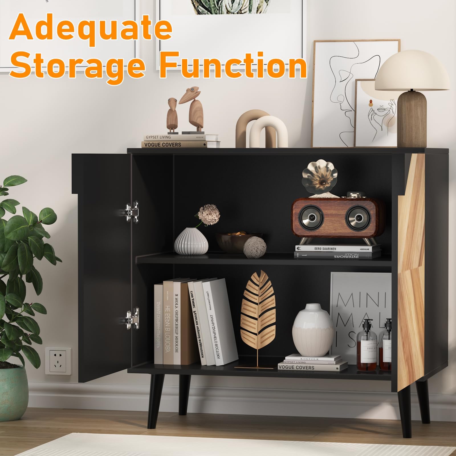Sideboard Buffet Kommode Mit Türen & Regal – Aufbewahrungsschrank Für Esszimmer, Wohnzimmer, Flur – 80x40x74.4cm, Schwarz Holz