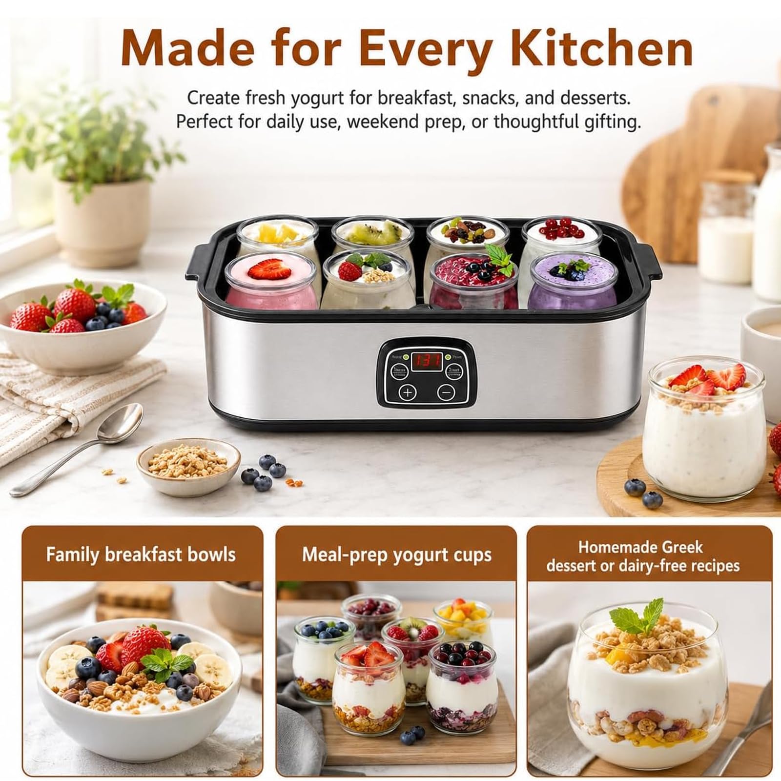 Yogurtiera 1400 ml con 8 vasetti di vetro, macchina per yogurt in acciaio inossidabile con display a LED, controllo del tempo e della temperatura regolabili, per dessert biologici fatti in casa