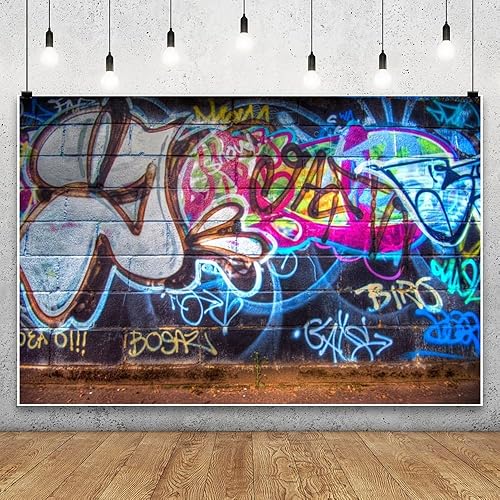 Miniatura 6 de Yeele Fondo de pared de graffiti retro de 7 x 5 pies, pared de ladrillo rústico de los años 80 y 90, dibujo a mano, pintura de graffiti, tema de hip