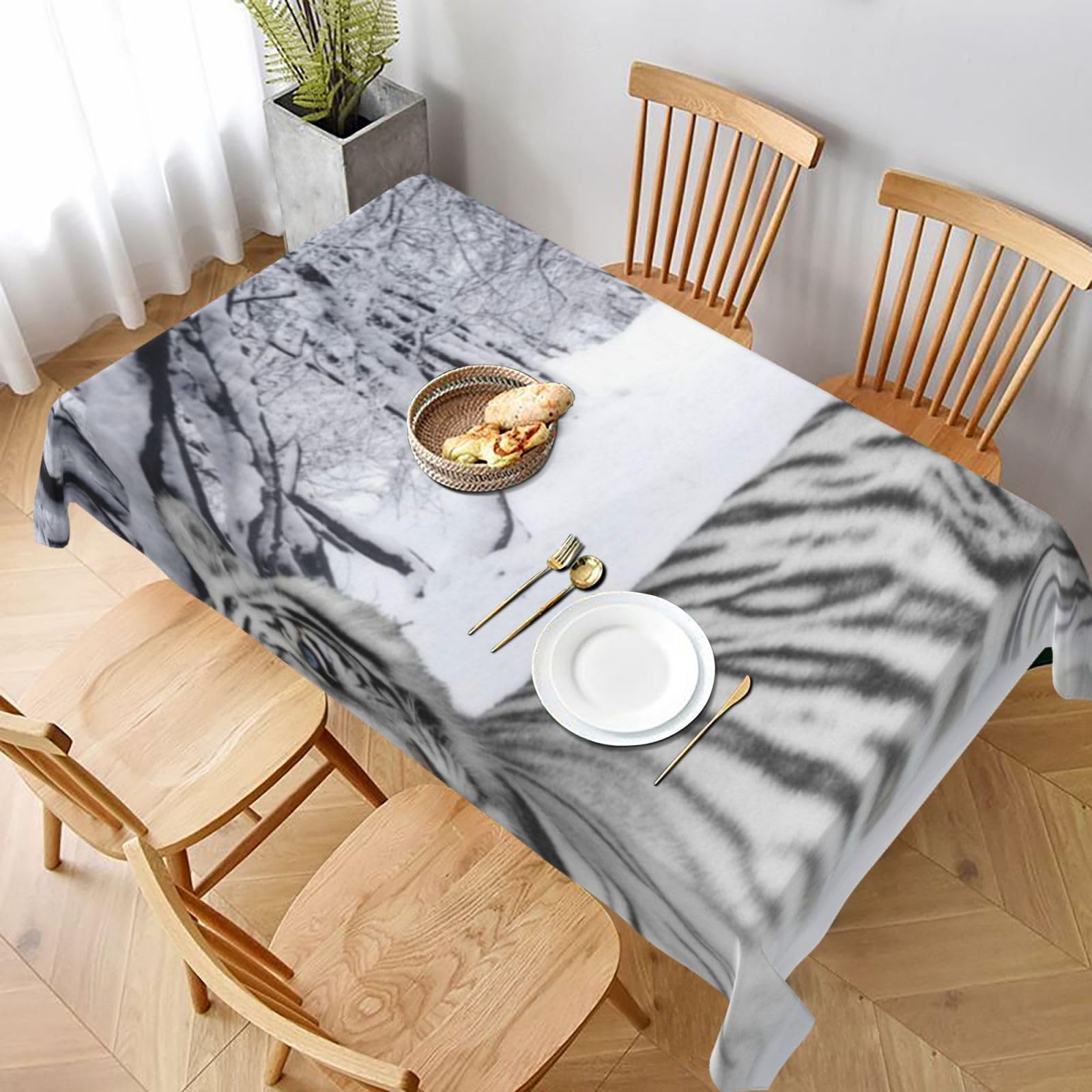 BNVSADC White tiger Printed Rectangle Tablecloth 228x152 CM, Water Resistant Polyester Table Cloth Decorative Fabric Table Covers for Kitchen Dining Table Parties Camping