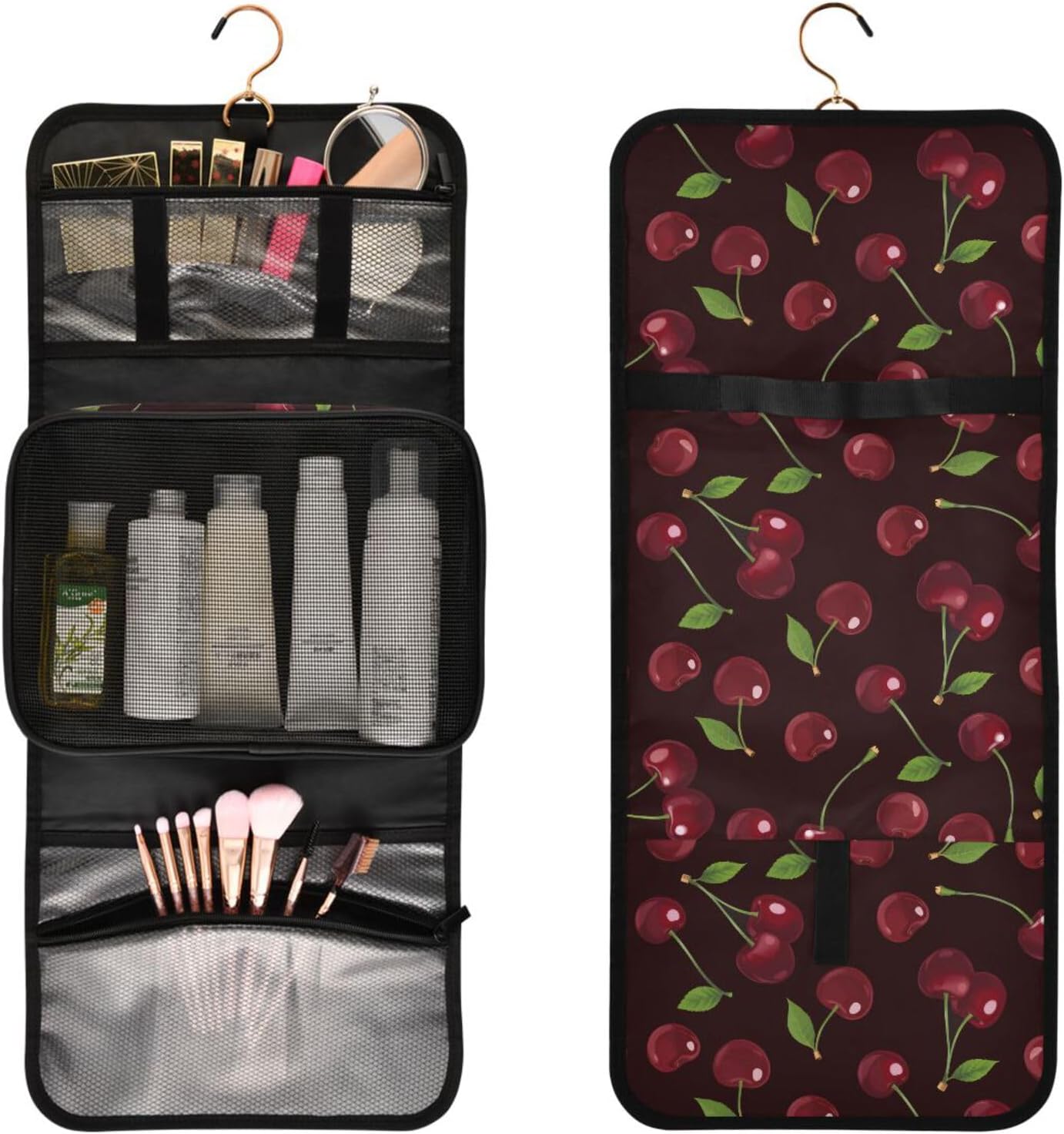 senya Vintage Cherry Pattern Toiletry Bag Hanging Travel Makeup Bag 3 PCS, Portable Makeup Organizer Cosmetic Bag Clear