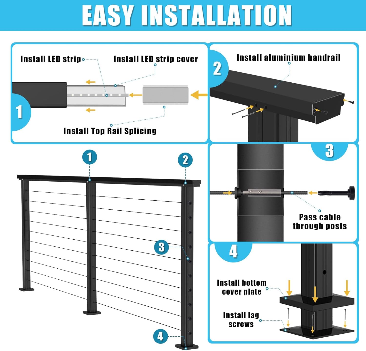 36in Black Cable Railing Corner Post Angel 3 Sides Pre-drilled Surface Mount Aluminum Cable Railing System for Indoor Outdoor Length cuttable