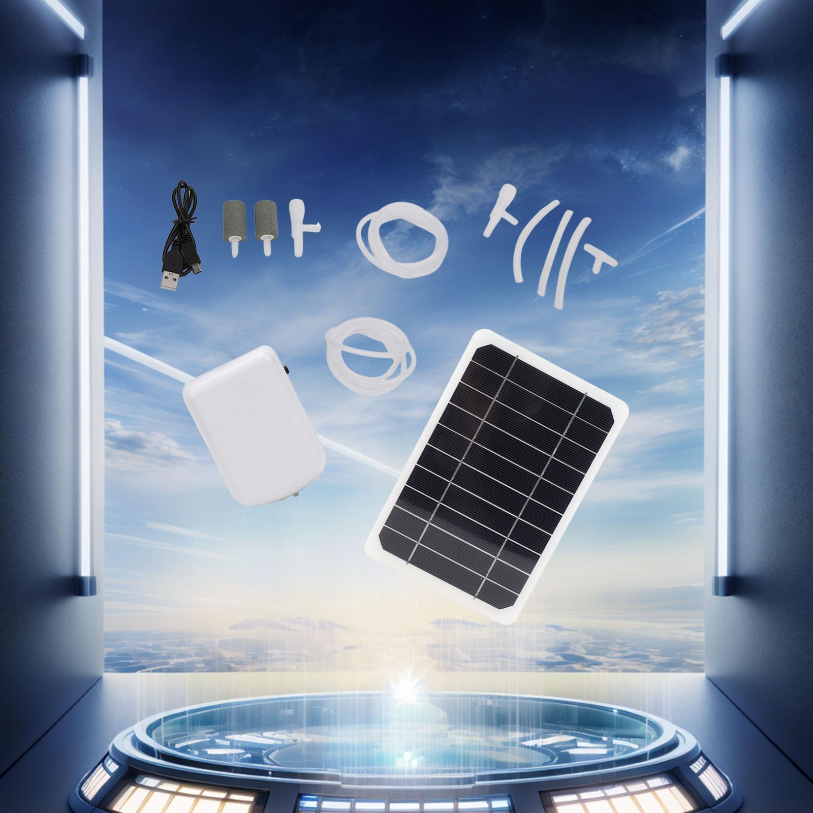 Pompe à oxygène Solaire pour étang, Pompe à air Portable 5W avec Panneau Solaire, Batterie intégrée de 2000mAh, Pierres à Bulles pour Piscine, hydroponie, Fontaine d'eau, Jardin