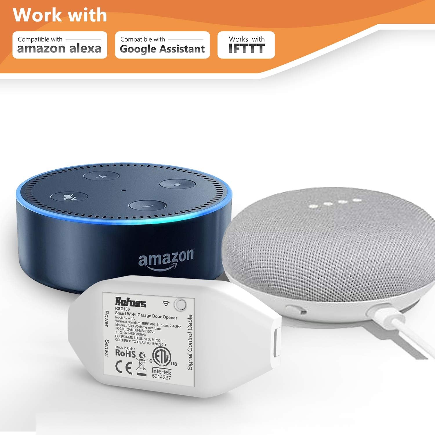 Refoss Smart Wi-Fi Garage Door Opener, APP Control, Compatible with Alexa, Google Assistant, No Hub Needed, Only Support 2.4GHz Networks