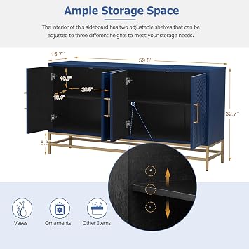Accent Sideboard Cabinet 59.8-Inch Retro Credenza Console Storage Cabinet Dining Buffet Table with 4 Doors & Adjustable Shelves for Living Room Entrance, Navy