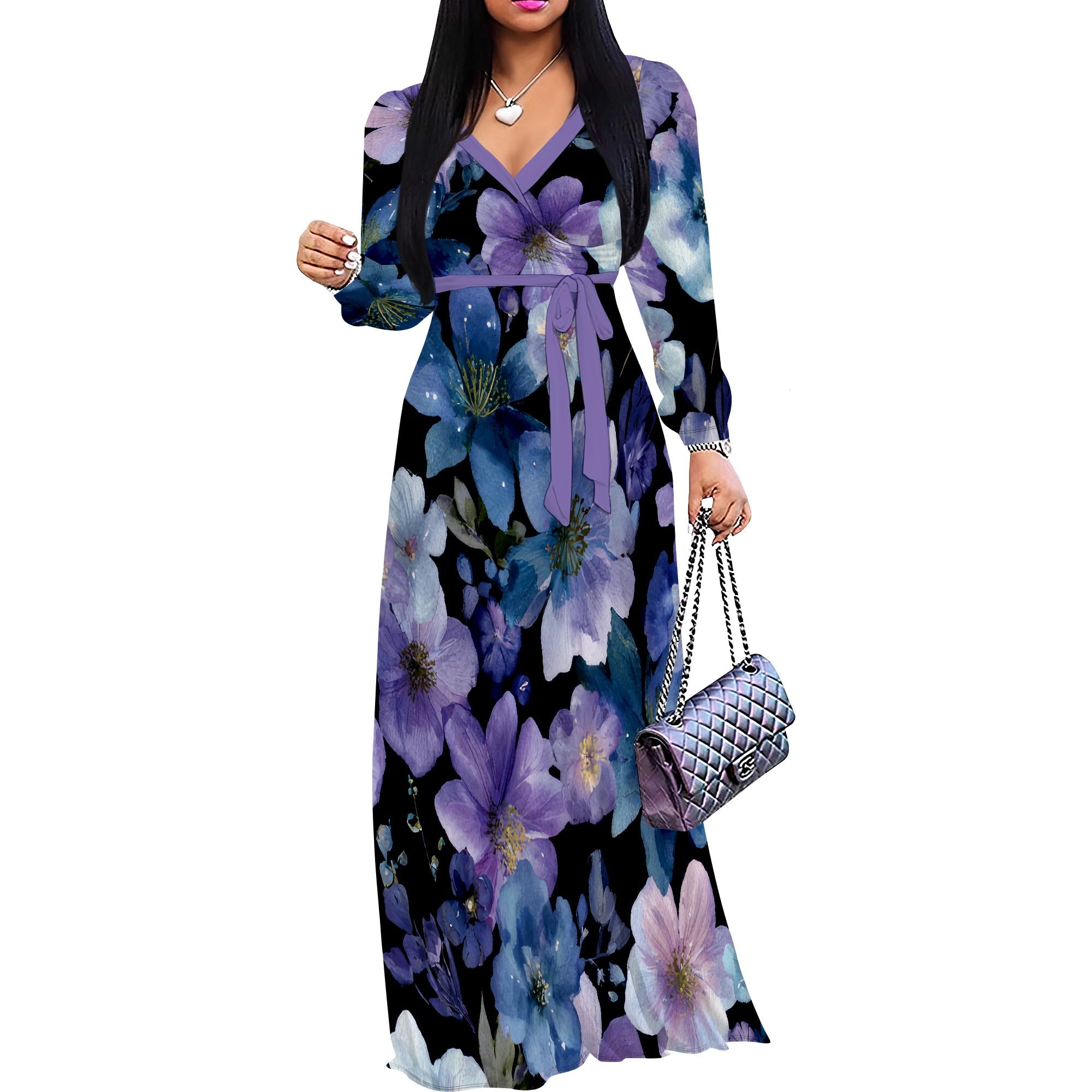 PinkPatty Women's Long Sleeve Maxi Dress Plus Size Casual V Neck Wrap Dress with Pockets&amp;Belt