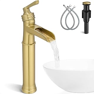 Brushed Gold Tall Brass Waterfall Vessel Sink Faucet — Single-Handle with Pop-Up Drain