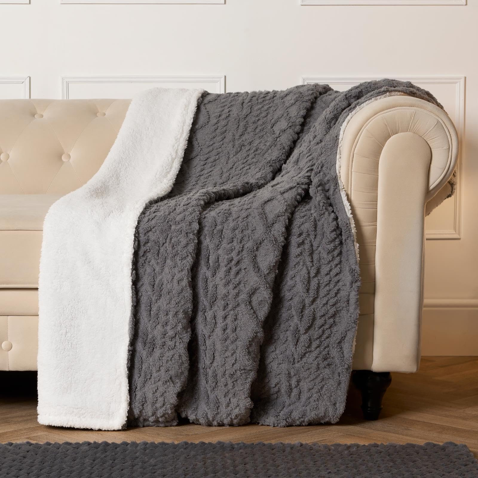 OHS Cable Knit Blanket Sherpa Fleece Plush Supersoft Warm ThrowGrey130 X 160Cm from B&Q