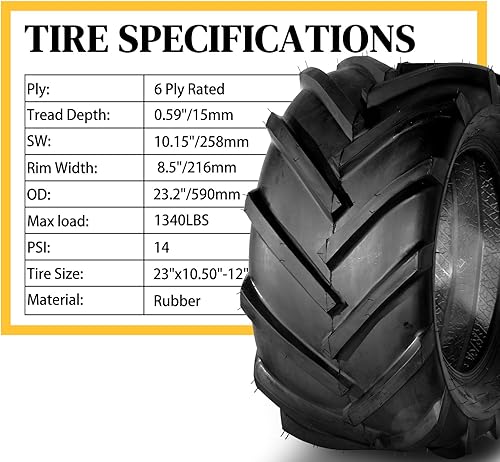 Miniatura 2 de MOTORHOT Juego de 2 neumáticos de jardín para cortacésped de 23 x 10.50-12 sin cámara 6PR 23 x 10.5 x 12 para tractor de carrito de golf