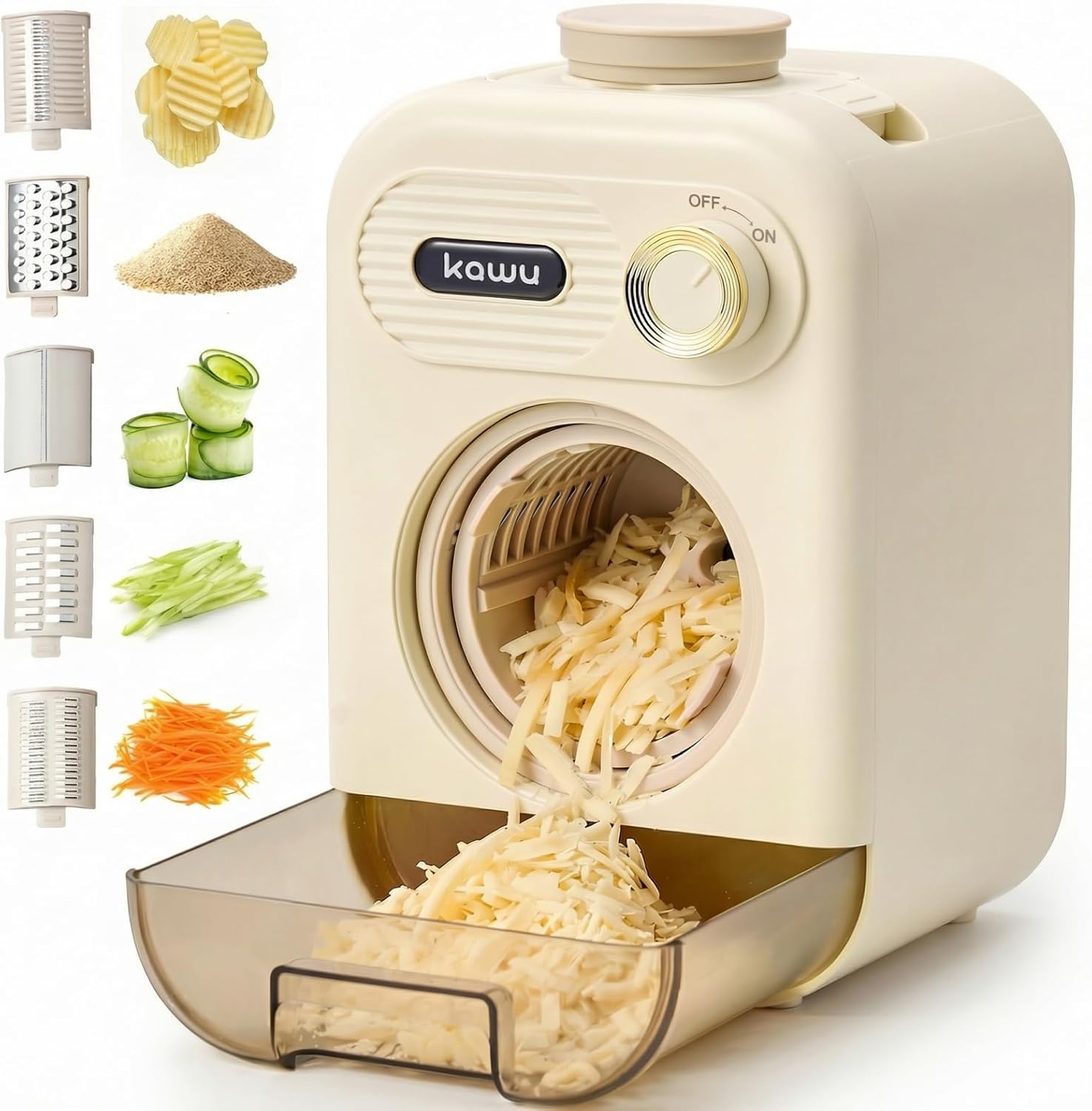 Kawu 5-in-1 Electric Cheese Grater Vegetable Cutter, Vegetable Slicer Machine with Large Feed Chute, Knob Control, Built-in Storage, Veggie Food Dicer Shredder Stainless Steel Blades for Home, Kitchen