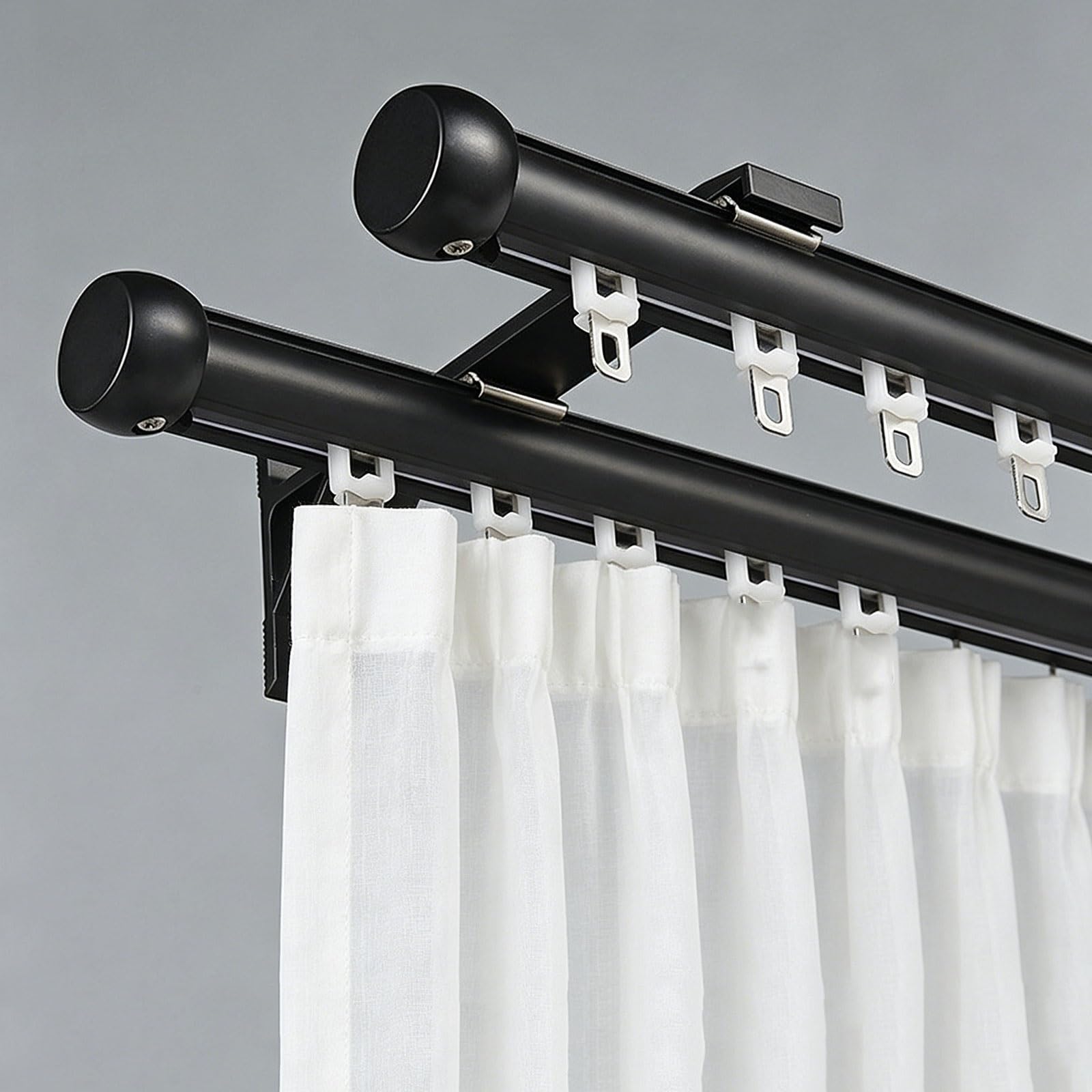 Silent Double Curtain Track Heavy Duty Aluminum Double Curtain Rod with Silent Pulley Wall Mount for Bedroom Living Room Kitchen Office(Black,1.3m/4.3ft)