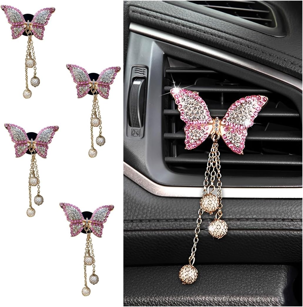 Bling Butterfly Car Air Vent Clips, 4 Pack Vent Clips with Pearl Pendant, Sparkly Diamond Locket, Car Essential Decor Accessories for Women (4*Pink)