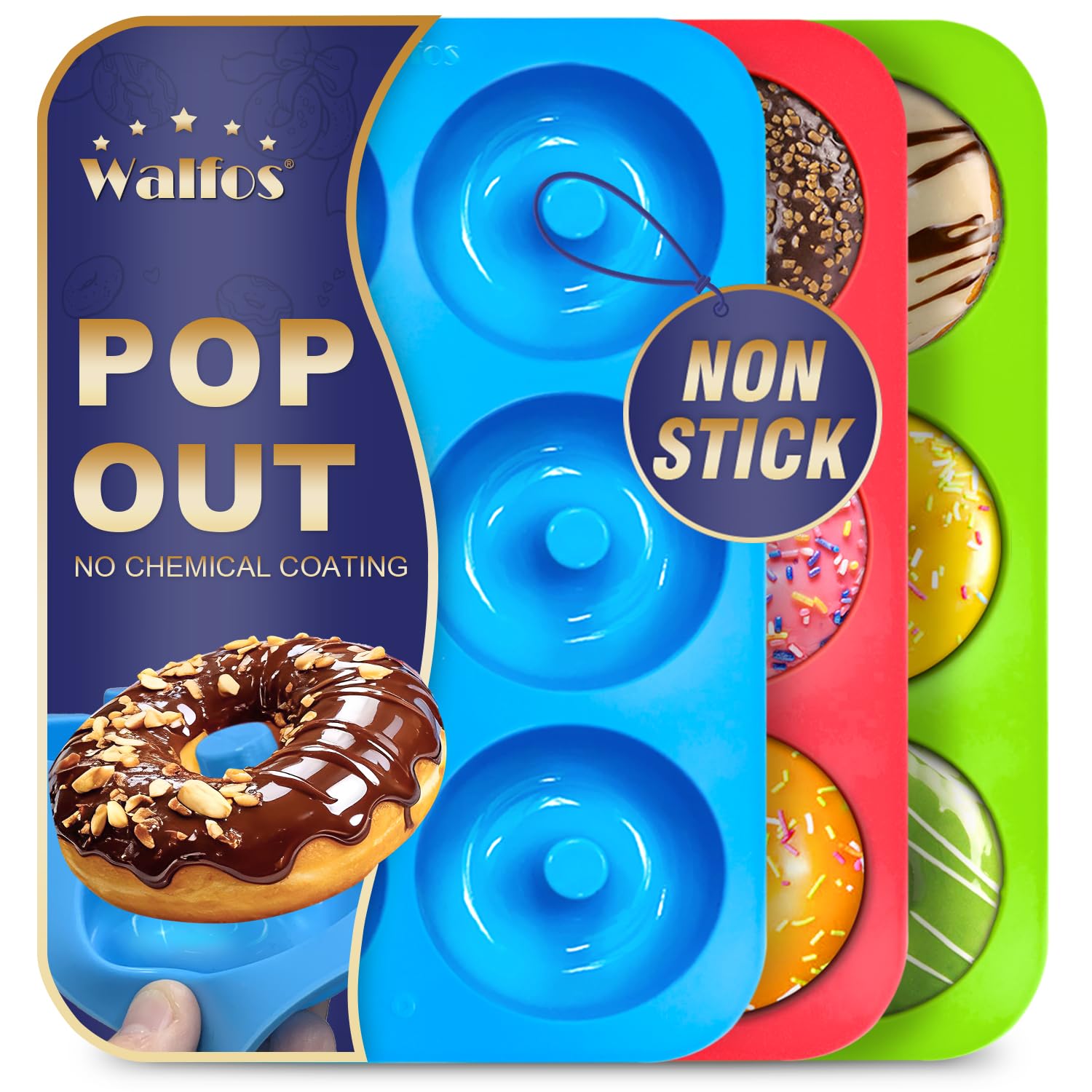 Walfos Silicone Donut Mold - Non-Stick Silicone Doughnut Pan Set, Just Pop Out! Heat Resistant, Make Perfect Donut Cake Biscuit Bagels, BPA FREE and Dishwasher Safe, Set of 3