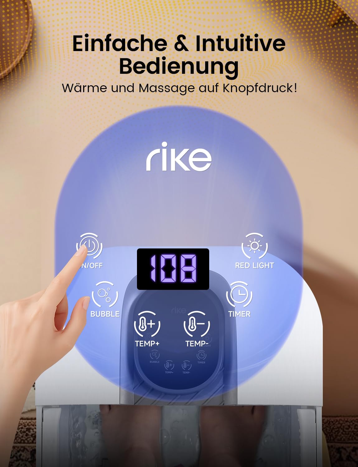RIKE Pediluvio pieghevole con riscaldamento rapido PTC e massaggio, massaggiatore per piedi pieghevole con controllo preciso della temperatura LCD e luce rossa, regalo di benessere per anziani e