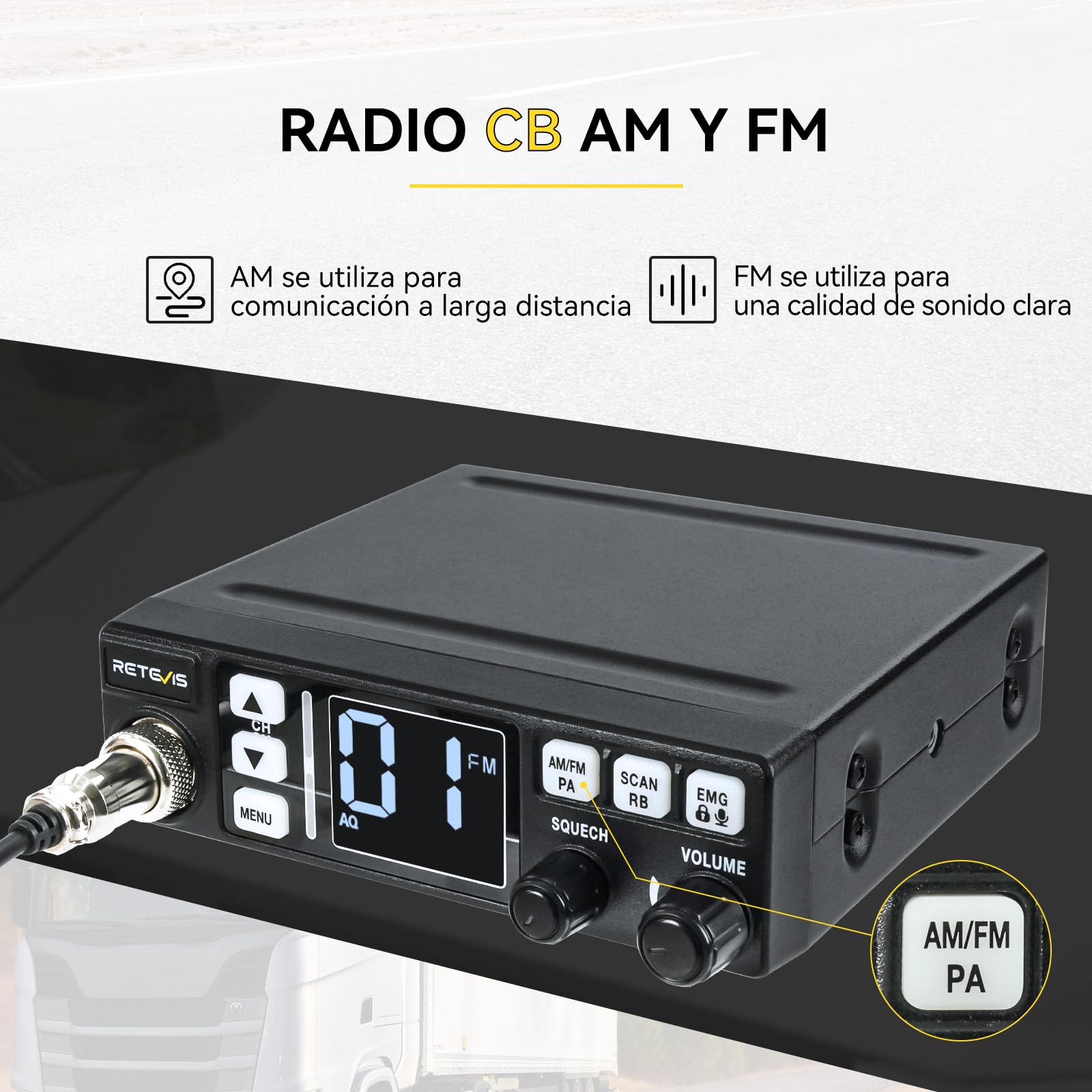 Retevis MB63 Radio CB con Antena, Kit Completo con Función PA | Pantalla LCD, Am/FM, ANL, VOX, SQ/ASQ, EMG CH9/19, Radio CB Móvil para Coche