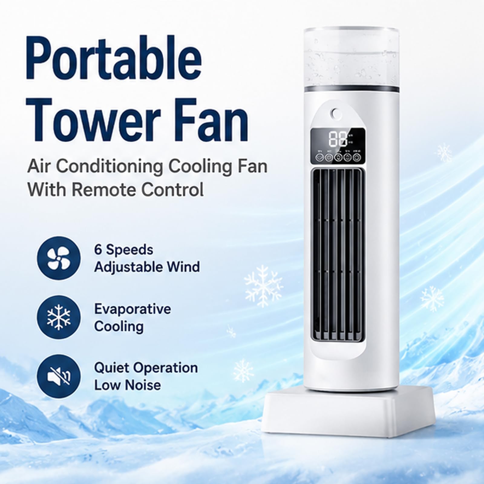 Ventilatore per condizionatore d'aria senza fili, ventola di raffreddamento ad aria a torre con 6 velocità e telecomando per camera da letto, soggiorno, ufficio camper blue