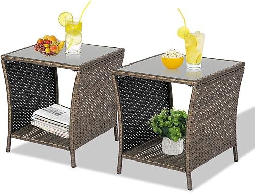 Miniatura 16 de kinbor Mesa auxiliar para exteriores, mesas de porche pequeñas, mesas auxiliares de mimbre, mesa auxiliar de patio para patio trasero piscina