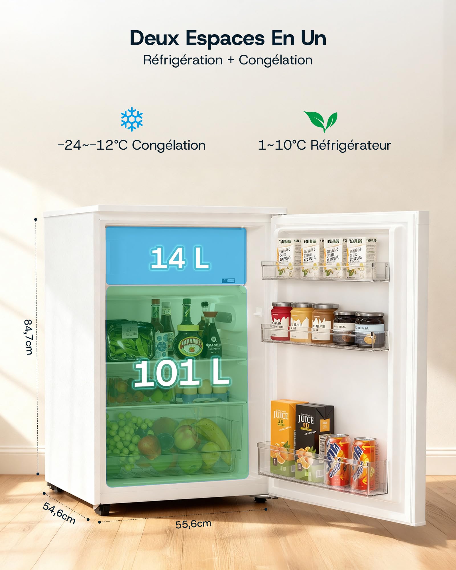Upstreman 115L Réfrigérateur avec Congélateur (101L+14L), Petit Frigo avec Contrôle Électronique de la Température,84.7cm x 55.6cm,Éclairage LED,Porte Réversible, Petit Réfrigérateur, Blanc, CR115