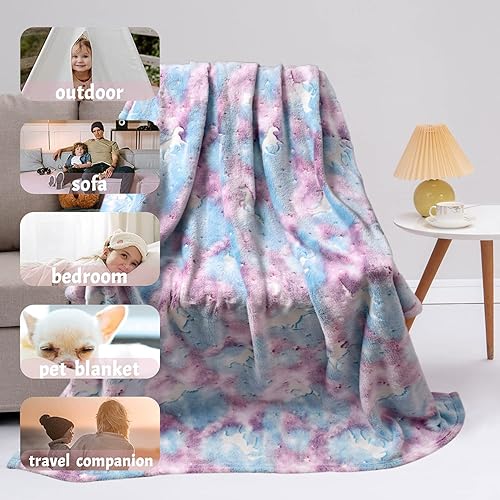 Miniatura 7 de Manta que brilla en la oscuridad personalizada de unicornio para niñas, 60 x 50 pulgadas, manta de unicornio azul, súper acogedora, manta de vellón