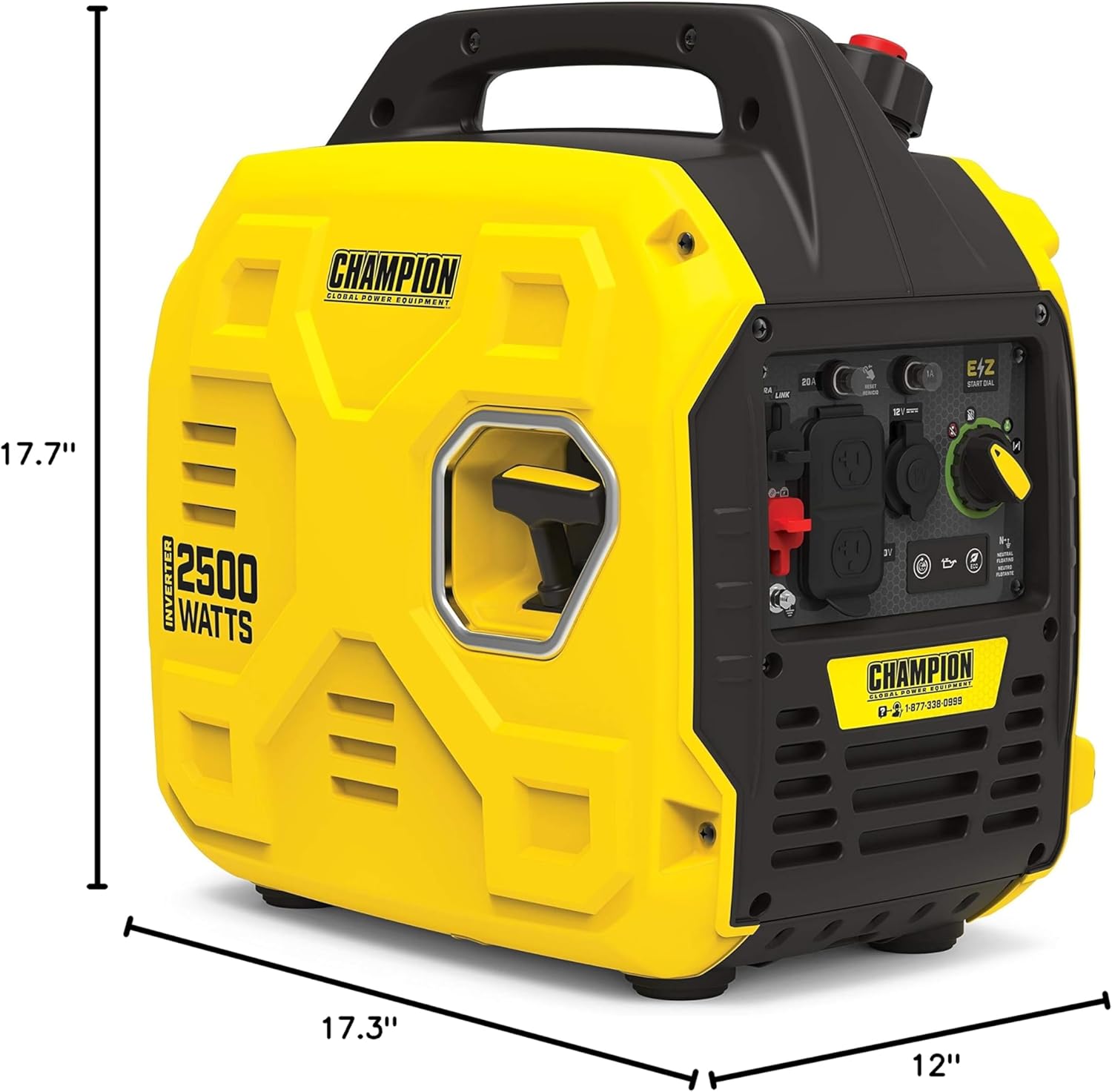 Dimensions of the Champion 2500-Watt Inverter Generator: 17.3 inches L x 12 inches W x 17.7 inches H