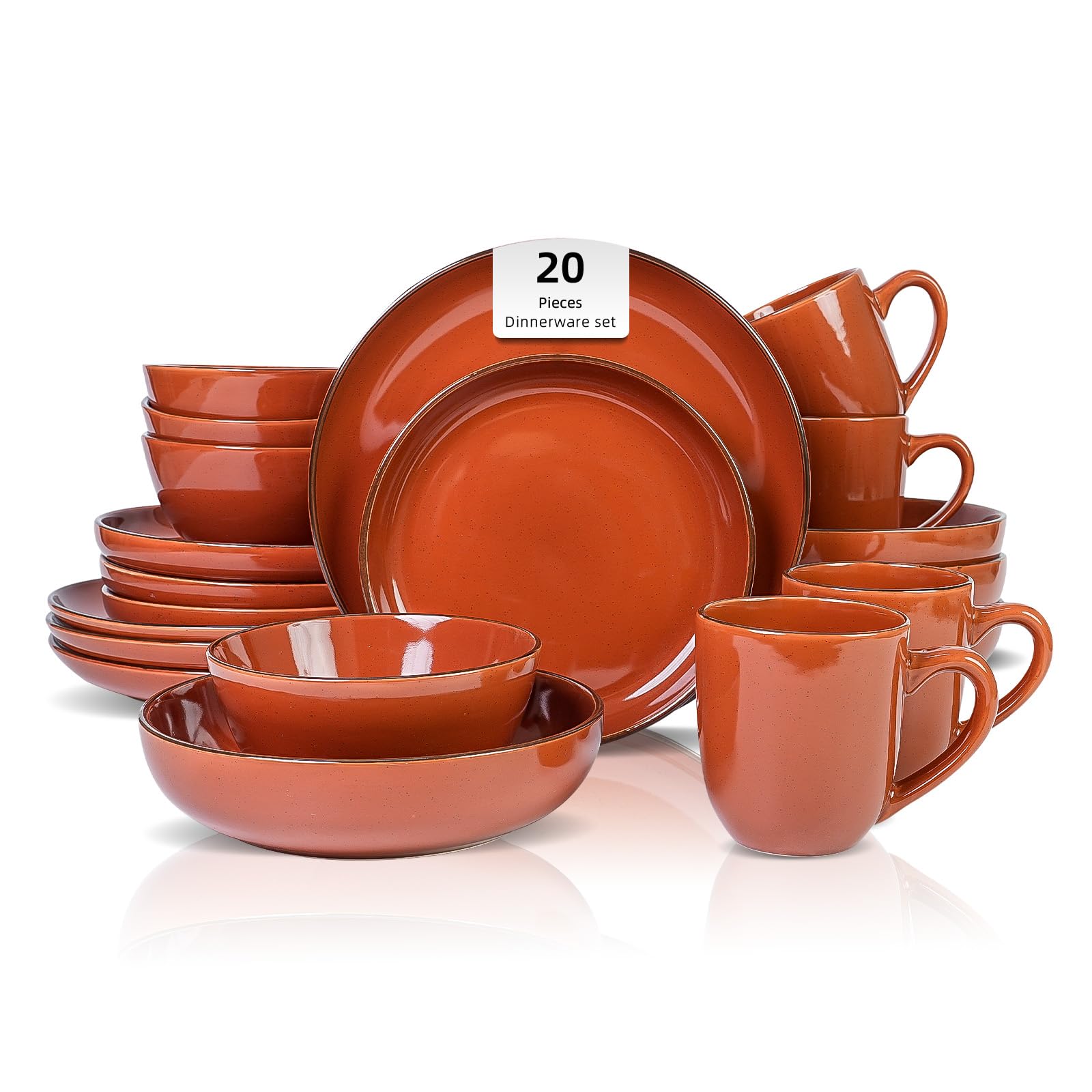 HomeVSS 20-Piece Dinnerware Set - Serves 4, Bright Glaze Orange plates and bowls sets with Speckle Effect for Microwave & Dishwasher Safe
