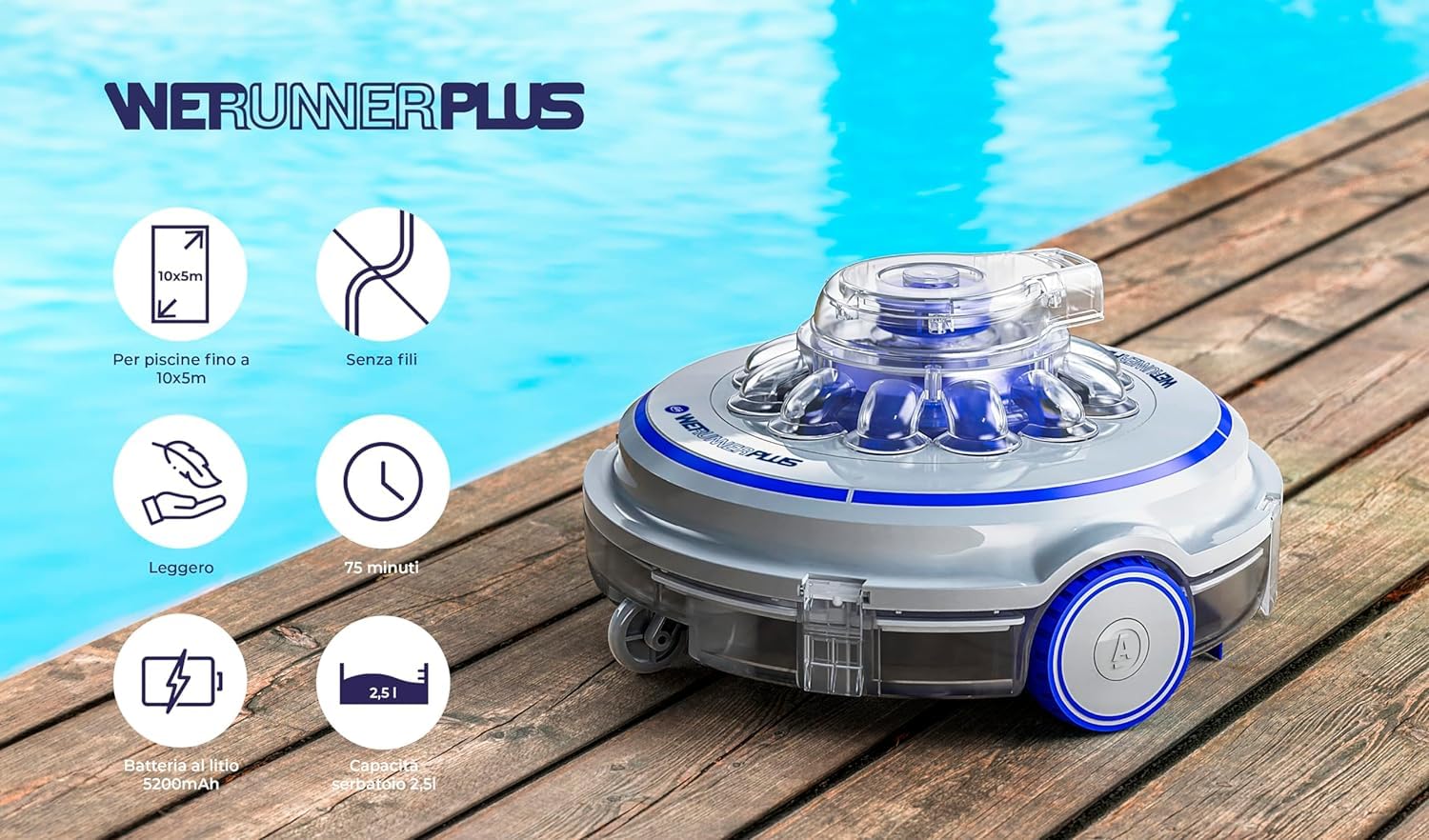 Gre RBR75 – Wet Runner Plus - Limpiador eléctrico a batería, inalámbrico, para piscinas fuera del suelo y enterradas hasta 10 x 5 m