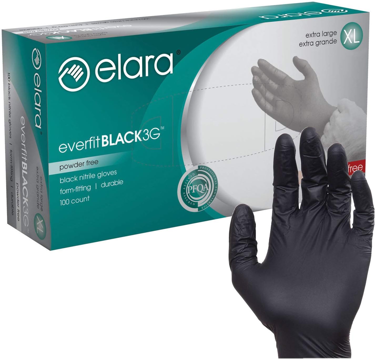 Elara FNE304BK EverfitBLACK3G Nitrile Disposable Gloves, 3 mil, Black, Powder Free, Food Safe, Not Made with Natural Rubber Latex, Size X-Large, Box of 100 (FNE304BK-100)