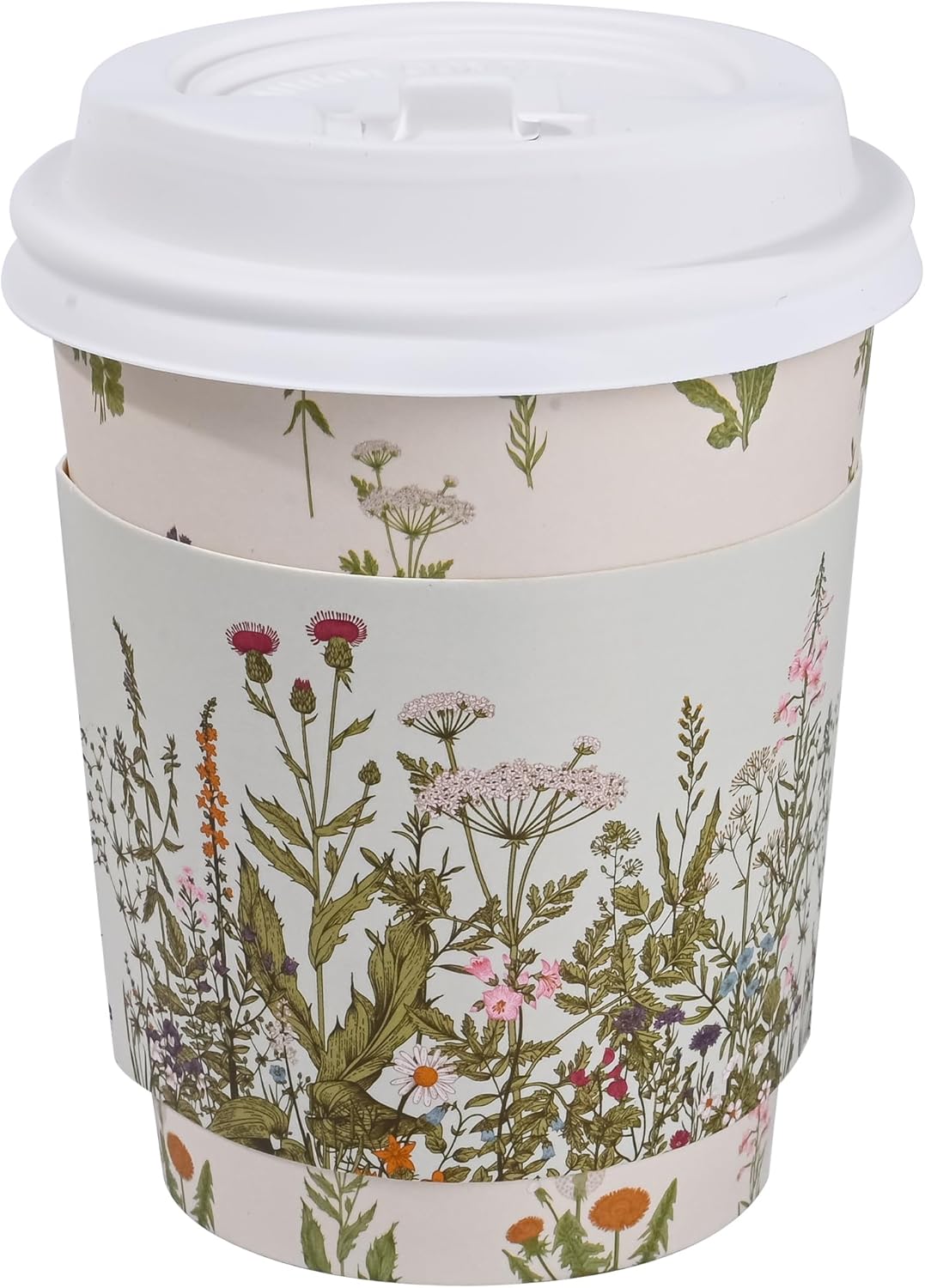 AimFun 50Pcs Floral Disposable Coffee Cups with Lids and Sleeves Vintage Botanical Herb 8oz To Go Party Paper Drinking Cup for Birthday Weddings Bridal Shower Tea Party Supplies