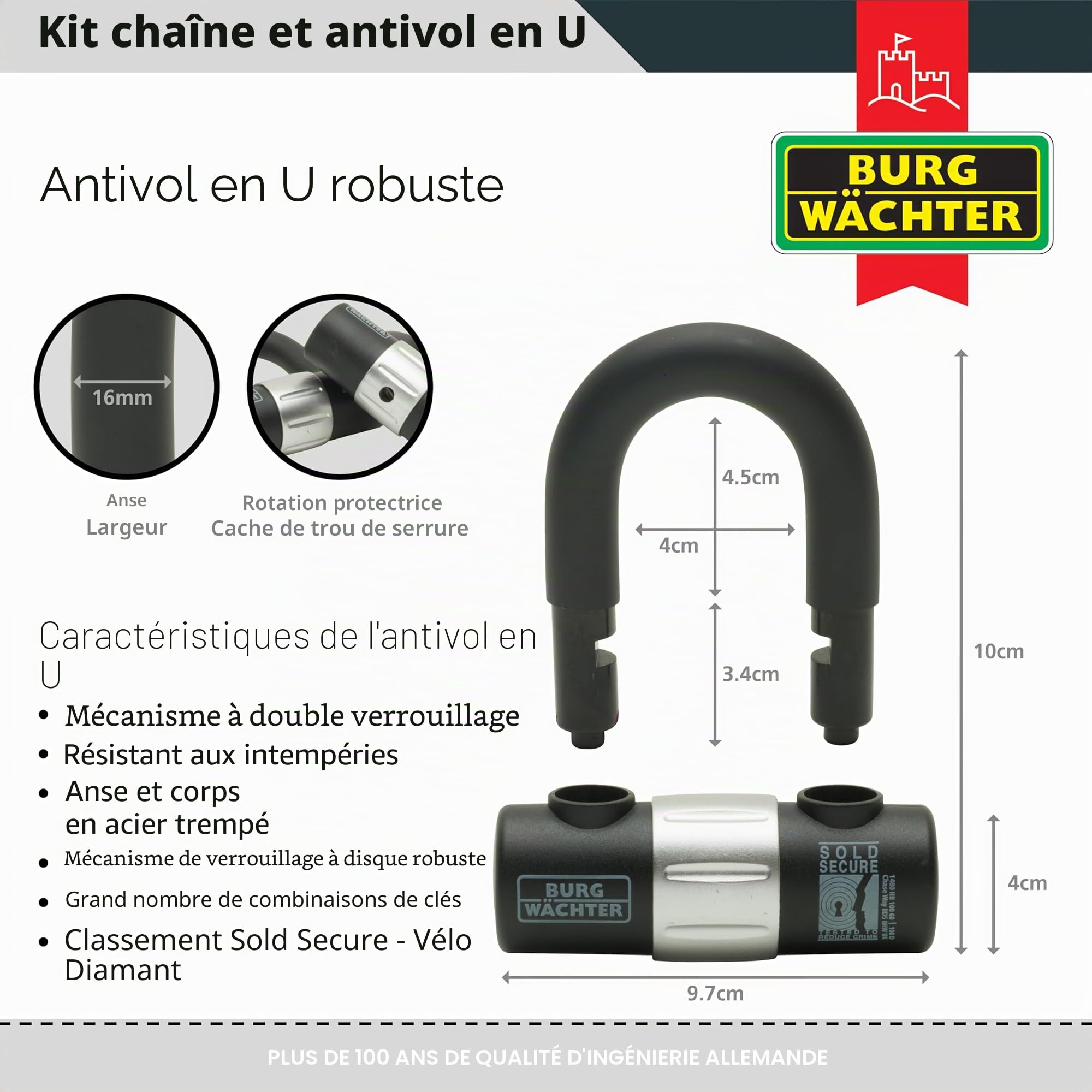 Burg-Wachter Kit chaîne et cadenas pour vélo - 1,5 m - Noir