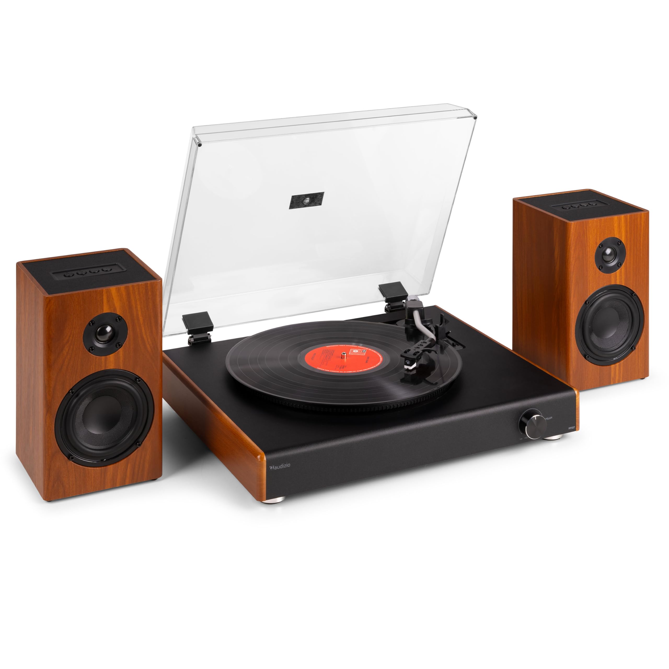 Audizio RP337W – Tocadiscos de Vinilo con Altavoces Bluetooth inalámbricos 100W 3 velocidades 33 45 78 RPM cápsula Audio Technica Salida RCA Sistema automático diseño Retro, Color Madera