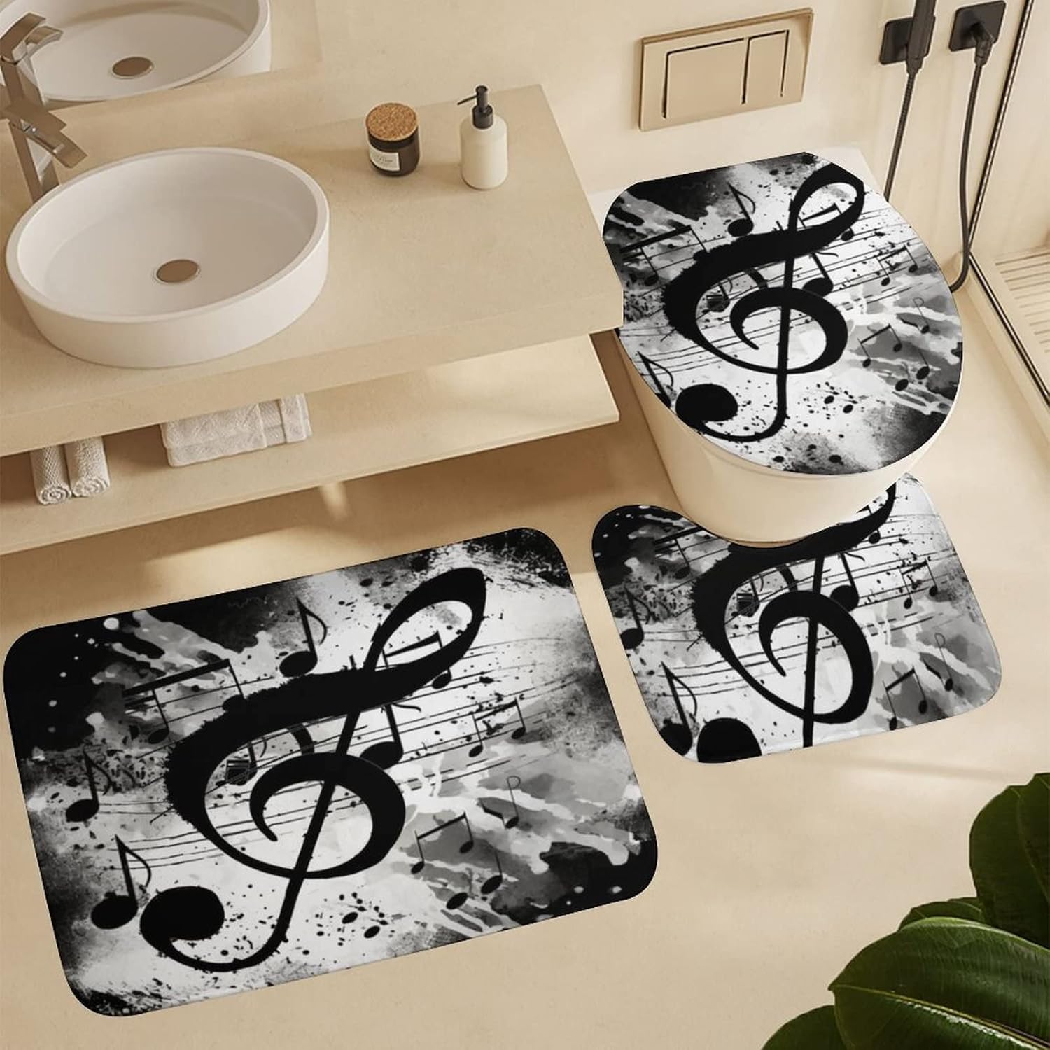 4 Pcs Bathroom Shower Curtain Set,Bathroom Sets with Rugs (Bath Mat,U Shape and Toilet Lid Cover Mat), Music Note Bathroom Decor Set