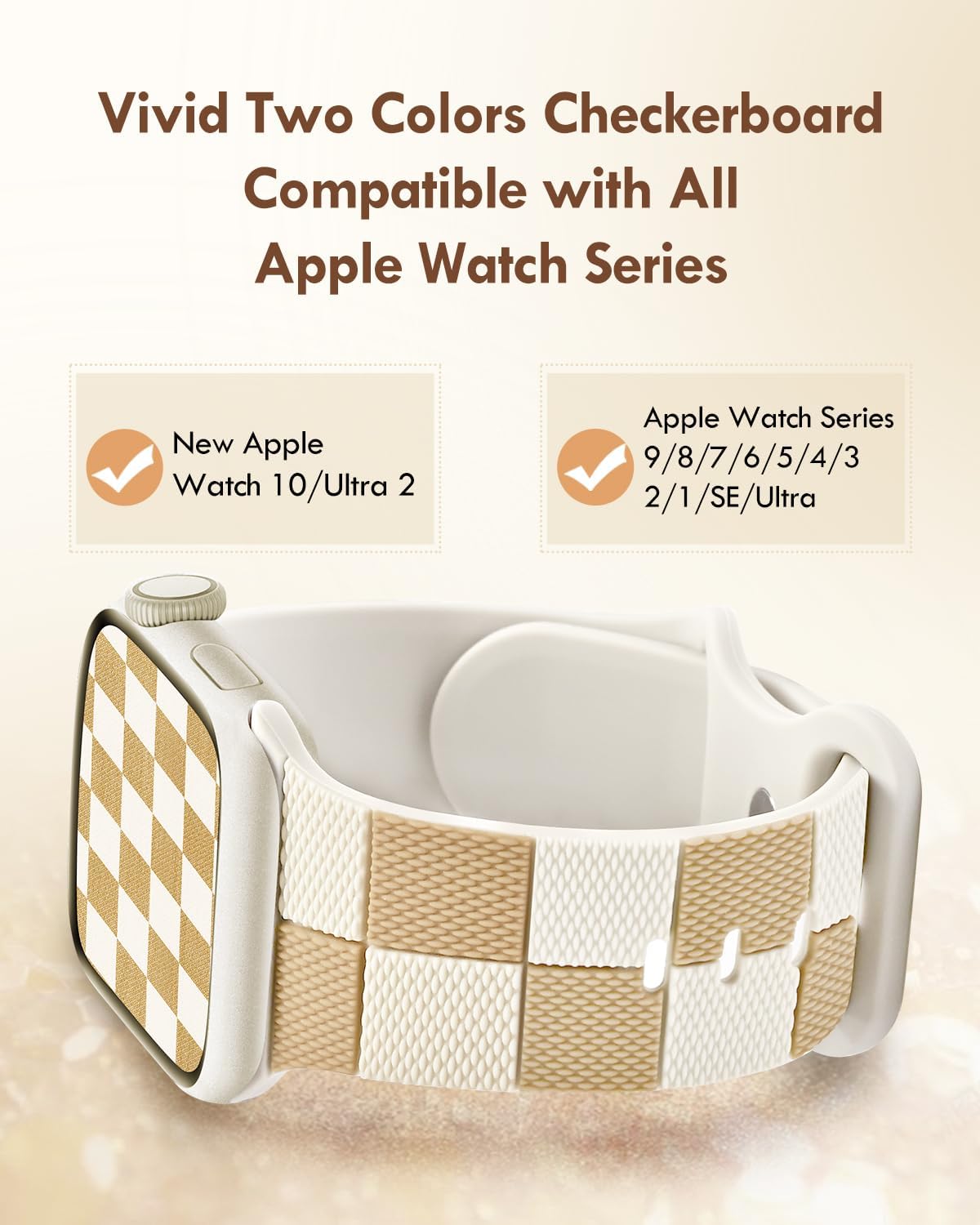 Checkered Silicone Strap for Apple Watch Bands 40mm 41mm 38mm, Cute Soft Bracelet Compatible with Series 10(42mm) 9 8 7 6 5 4 3 2 iWatch Band, Special Wristband for Apple Watch Band SE Women Men Beige - Image 4