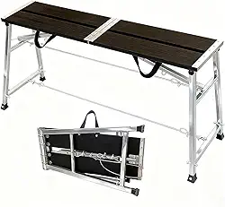 Plataforma de andaime dobrável, plataforma de trabalho resistente com capacidade de 226,8 kg, 140 cm C x 26 cm L altura ajustável (71 cm-109 cm) escada de andaime de aço com superfície antiderrapante