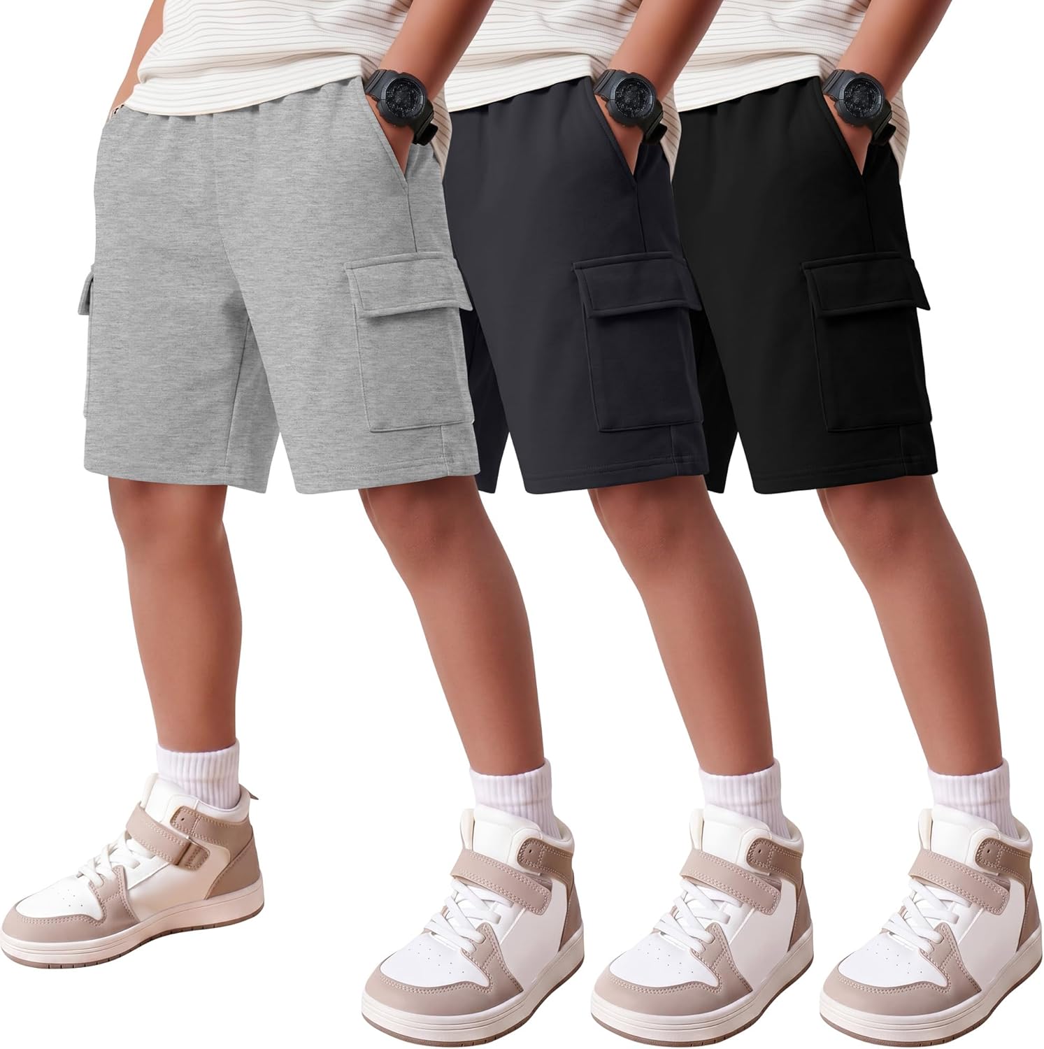 3 Pack Boys' Cargo Shorts Wide Leg Elastic Waist Kids Athletic Basketball Sweat Short with Multi Pockets 5-16Years