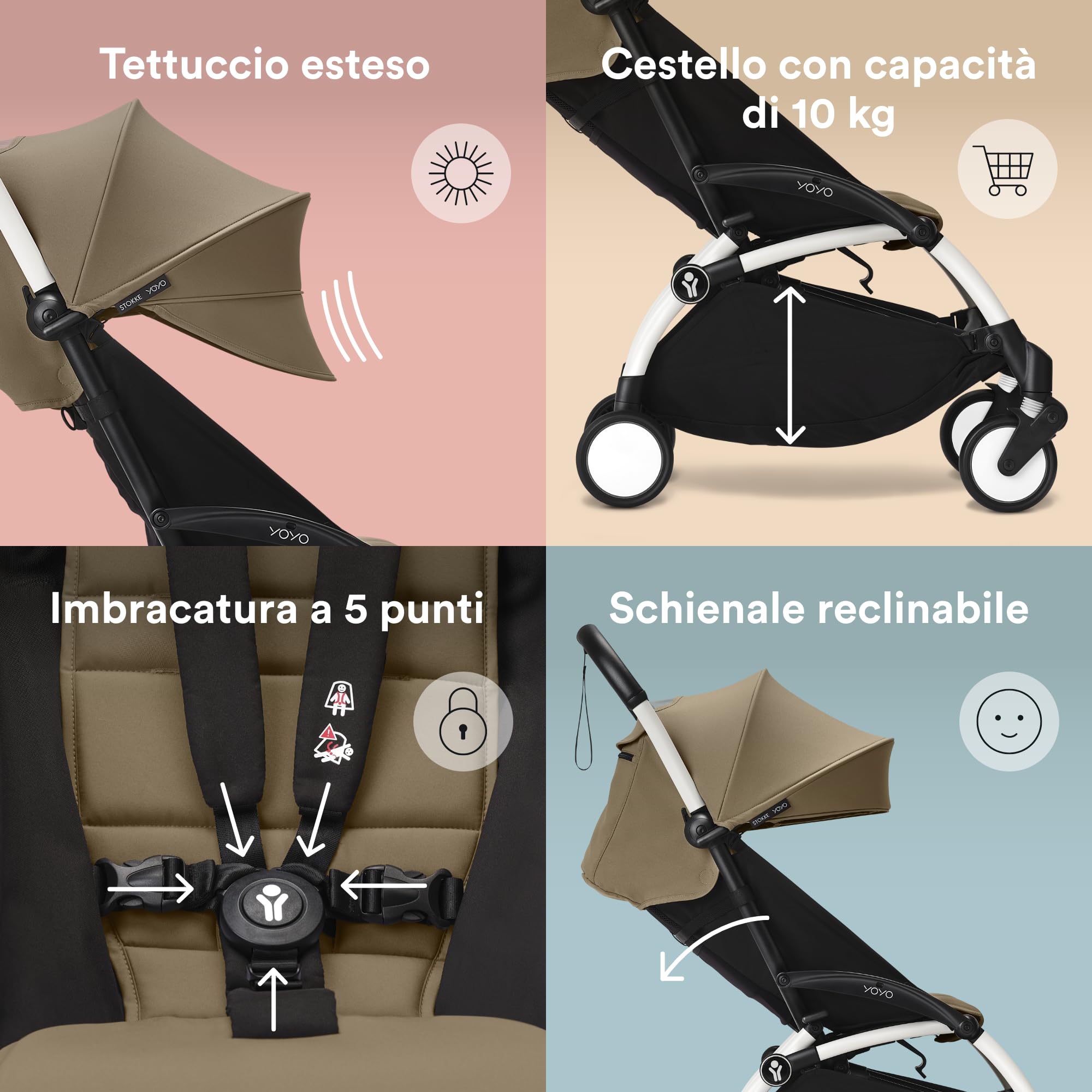 Passeggino Stokke YOYO3 6 mesi Telaio Bianco Cuscino Seduta Toffee Capottina Leggero Compatto Bagaglio a Mano
