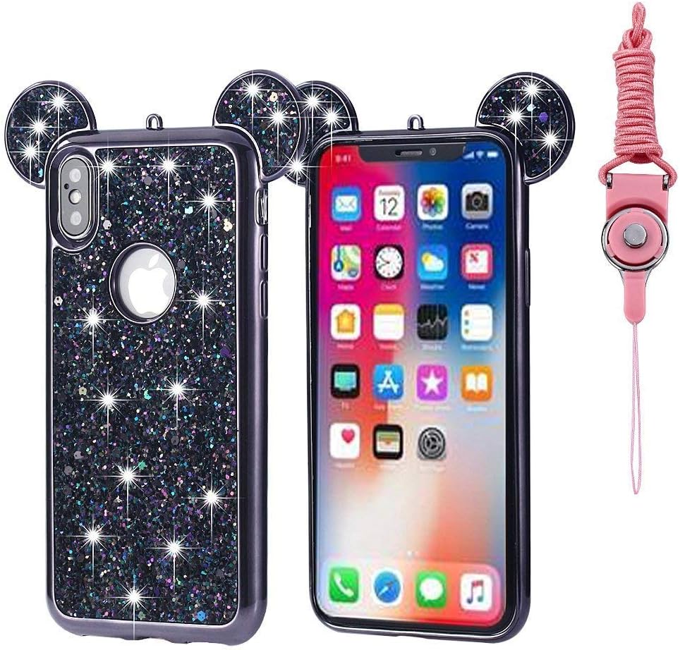 iPhone Xs Max Case, Umiko(TM) Lovely Cute Animal 3D Glitter Bling Rhinestone Disney Mickey Mouse Ears Sparkly Diamond Soft TPU Rubber Case with Strap for Apple iPhone Xs Max, Black