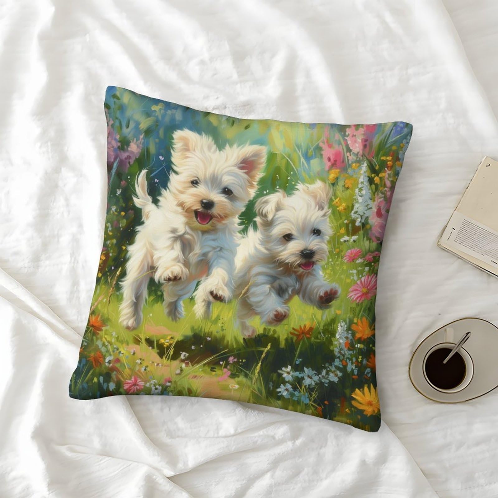 Federa Cuscino Decorativa 45x45 Cm – Cane Maltese – Morbida In Poliestere Per Divano E Auto