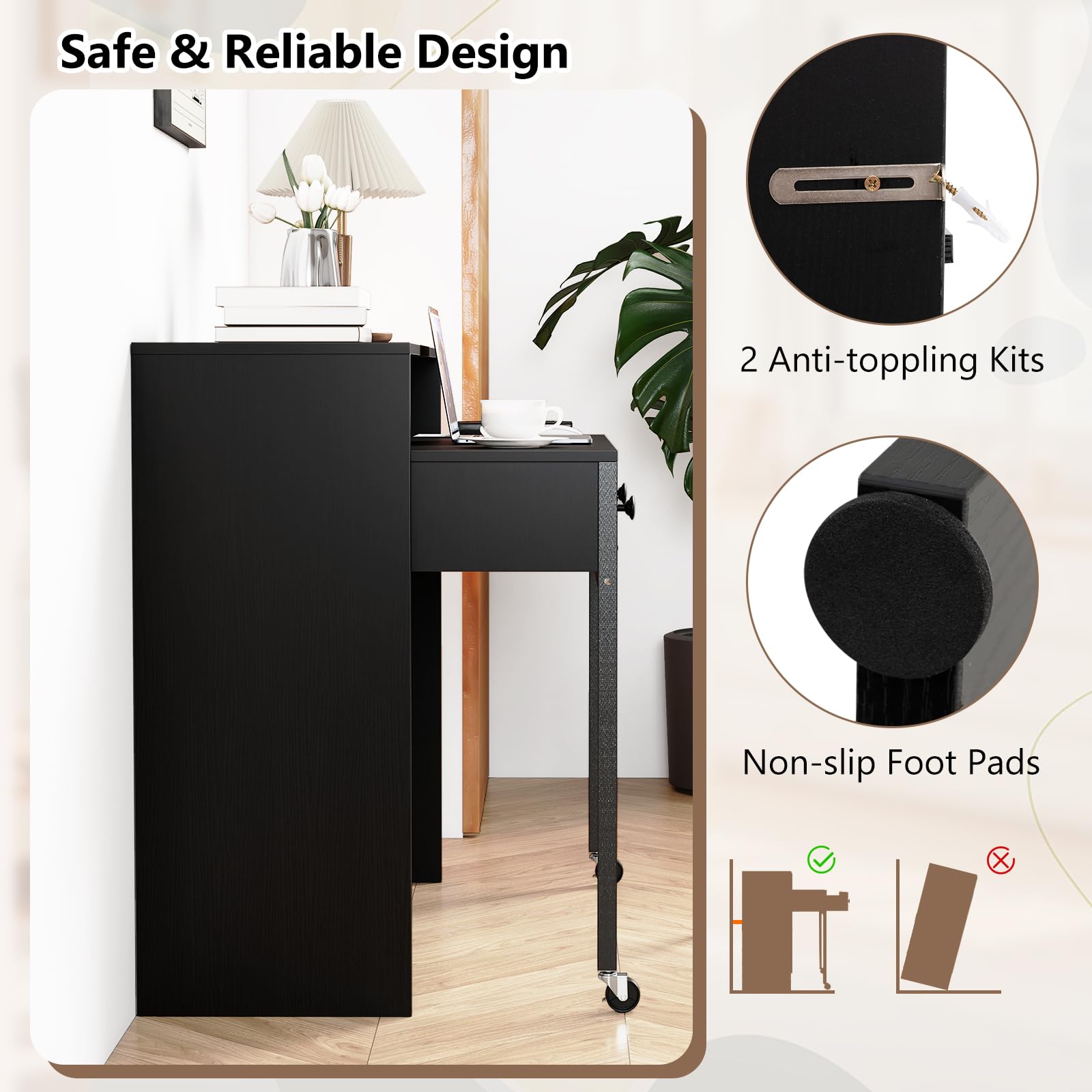 GIANTEX Escritorio de Ordenador con Tablero Extensible, 100 x 63 x 88 cm, 2 Cajones de Almacenamiento y Estante Abierto, Diseño Compacto con Ruedas, Mesa de Trabajo para Dormitorio, Oficina (Negro)