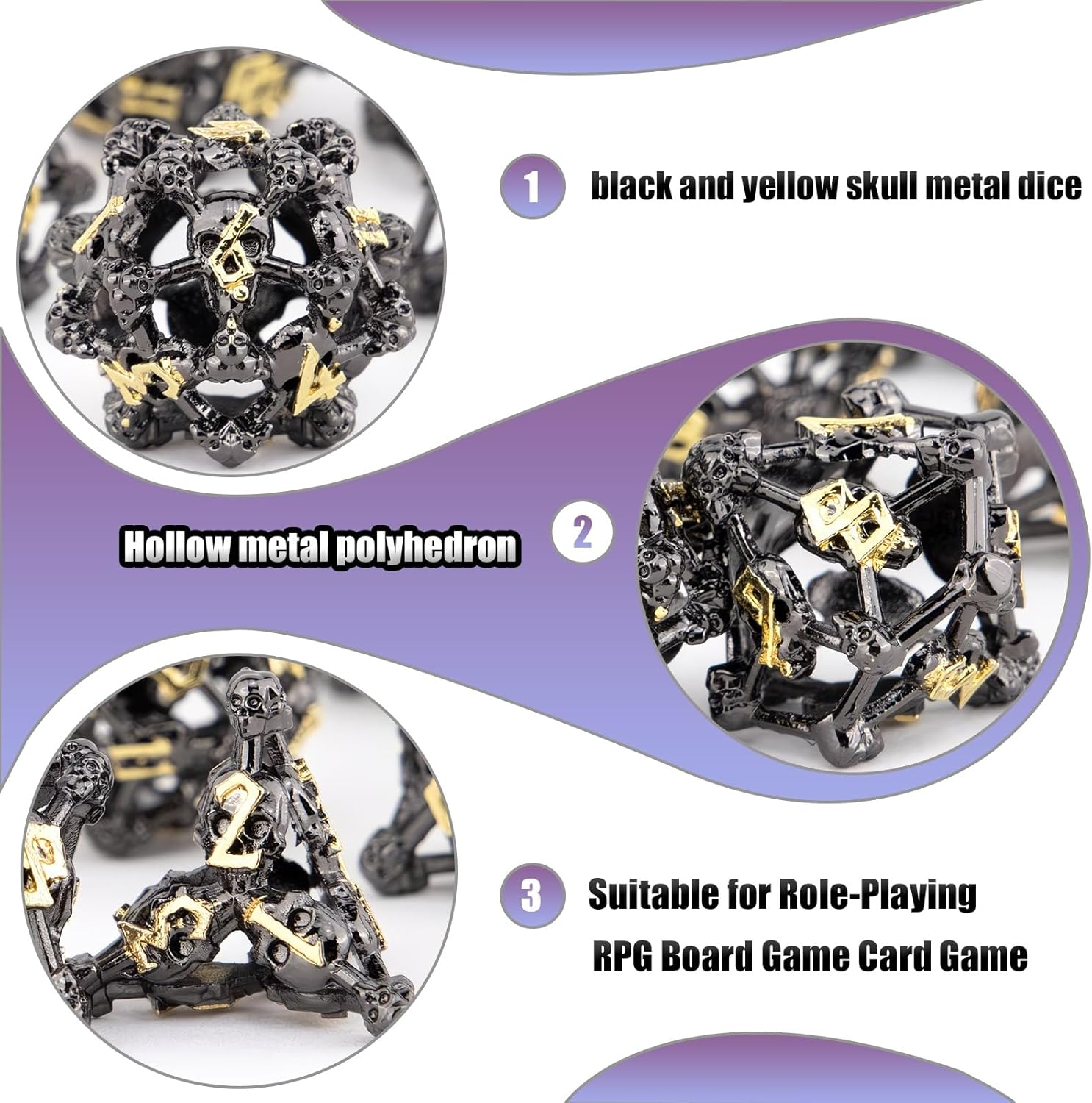7-Piece Set Black and Yellow Skull Metal Dice, Hollow Polyhedron, Compatible with Role-Playing RPG Board Game Card Game