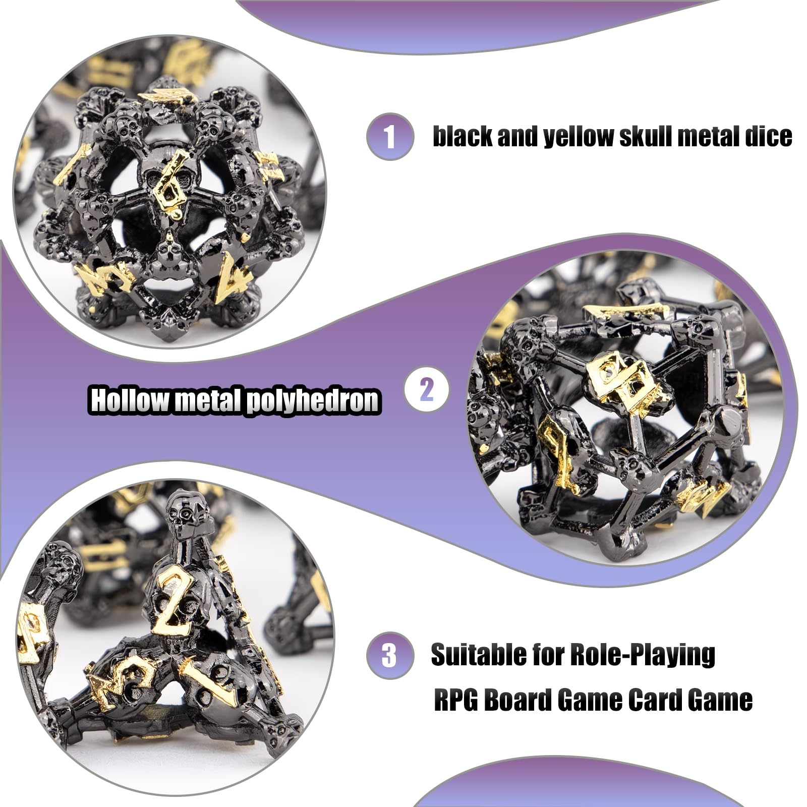 Ensemble de 7 Dés en Métal à Tête de Mort Noire et Jaune, Polyèdres Creux, Compatibles avec Les Jeux de Rôle de Plateau et de Cartes