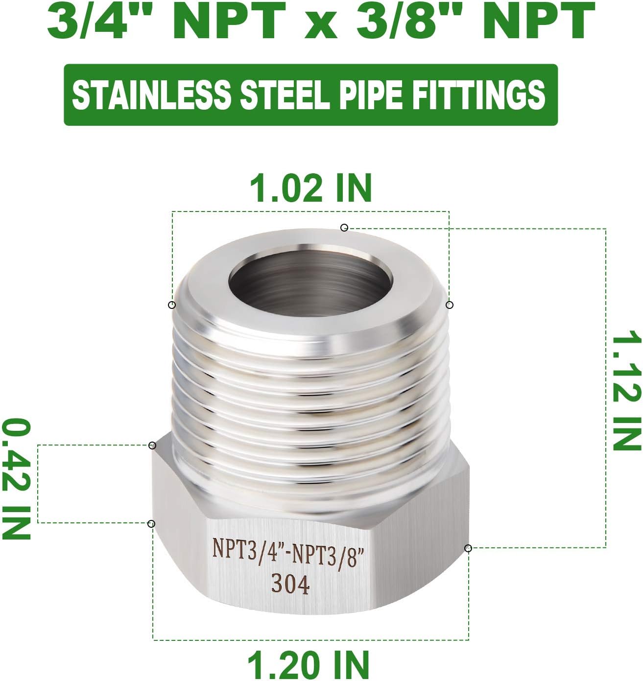 TAISHER 5PCS Forging of 304 Stainless Steel Reducer Hex Bushing, 3/4" Male NPT to 3/8" Female NPT, Reducing Forging Pipe Adapter Fitting