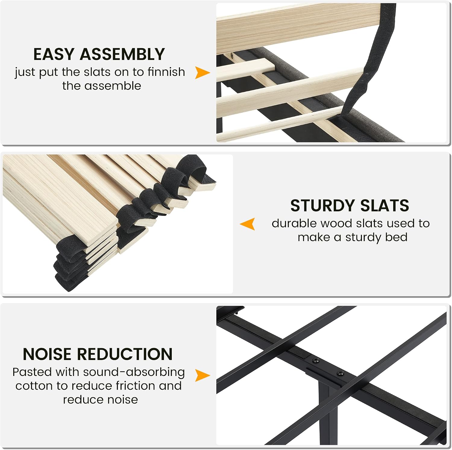 รายละเอียด view of easy assembly, sturdy slats, and noise reduction features