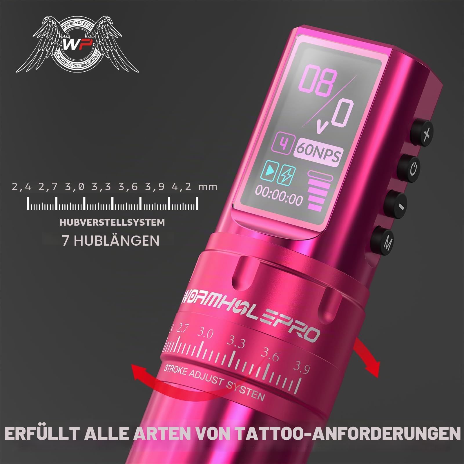 WORMHOLE PRO 80PCS Tattoo Gun Kit mit 7 einstellbaren Strichen, 1800mAh Kapazität Ersatz Netzteil, Digital LED Display, 20Pcs Tattoo Nadeln für Tattoo-Künstler - Rosa