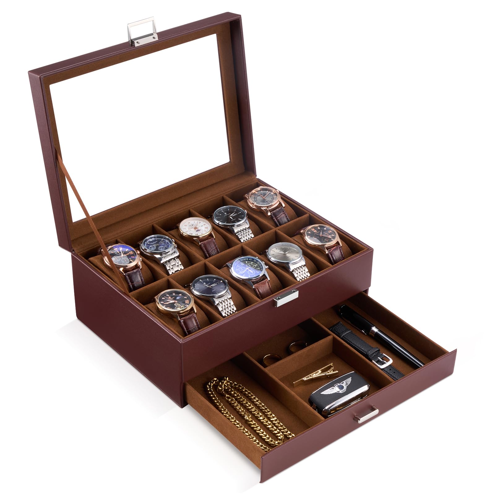 ProCase Caja de Relojes de 6 Ranuras con Cajón, Funda Organizadora de Reloj de 2 capas con Tapa de Cristal, Estuche de Almacenamiento para Hombres y Mujeres -Negro — view 14