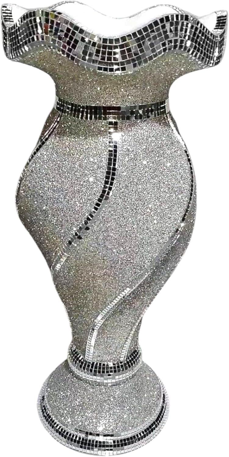 Luxury Mosaic Floor Vase, Silver Glitter with Mirror Detail, 60cm Tall